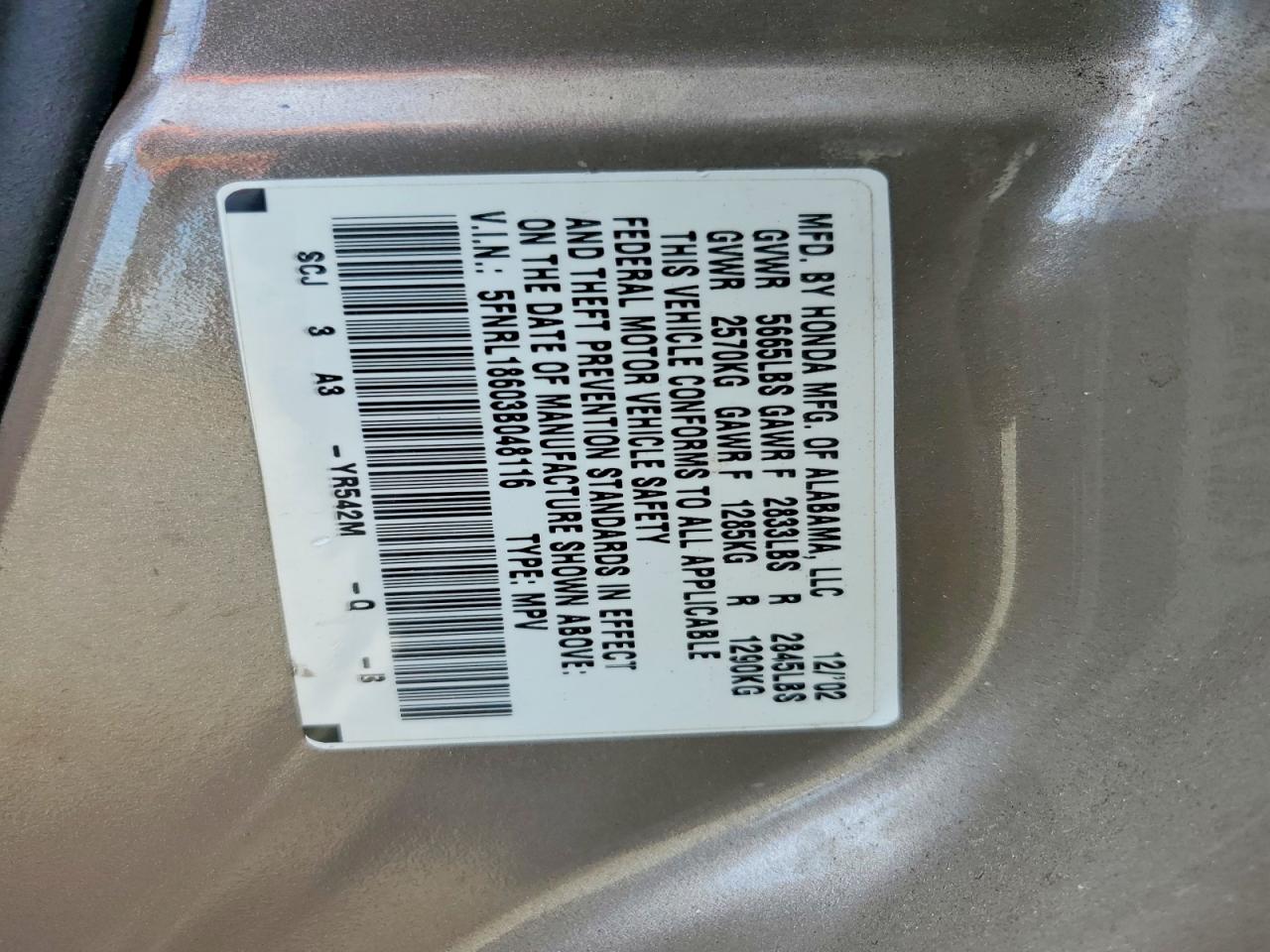 2003 Honda Odyssey Ex Gold vin: 5FNRL18603B048116