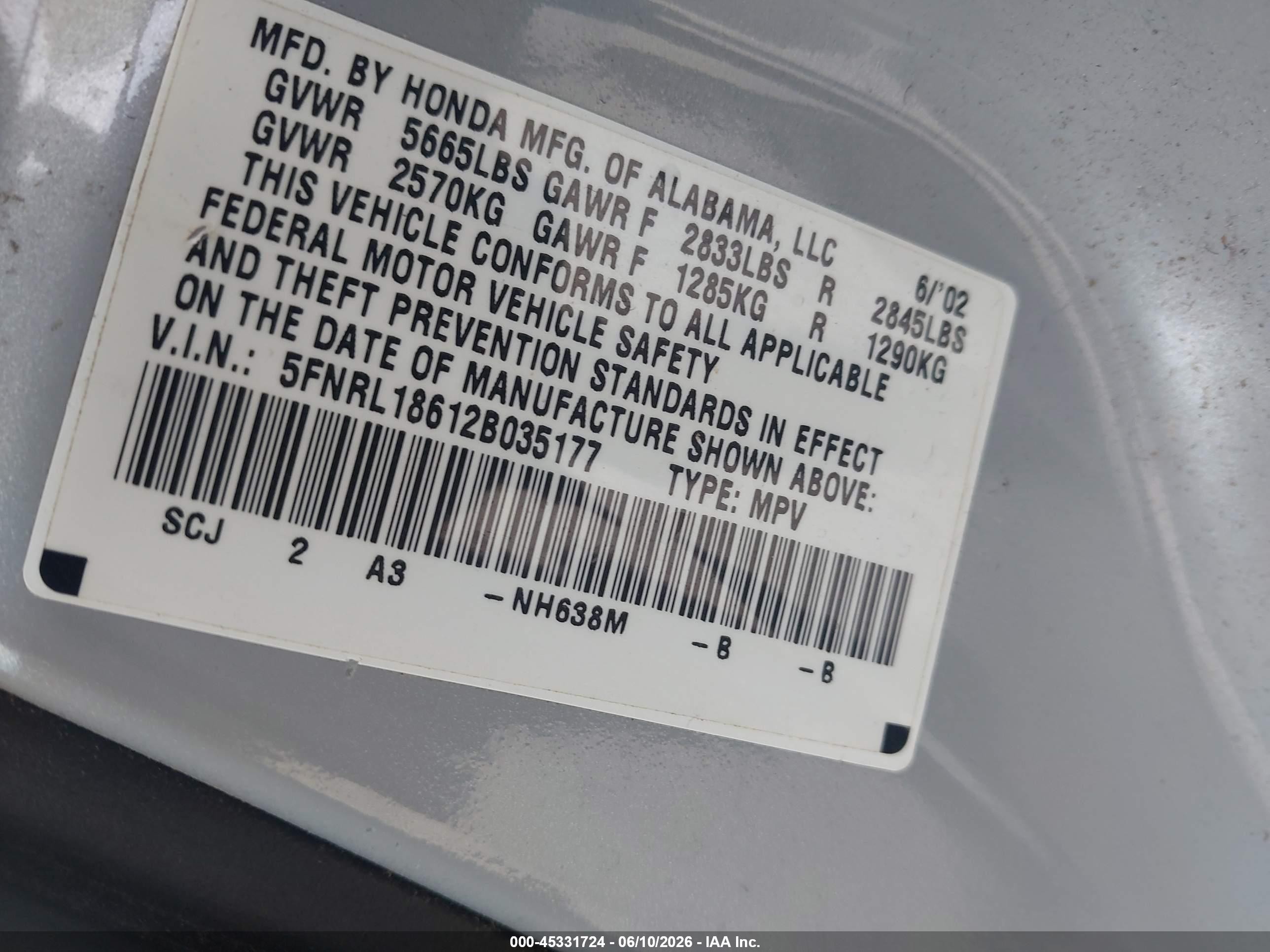2002 Honda Odyssey Ex Silver vin: 5FNRL18612B035177