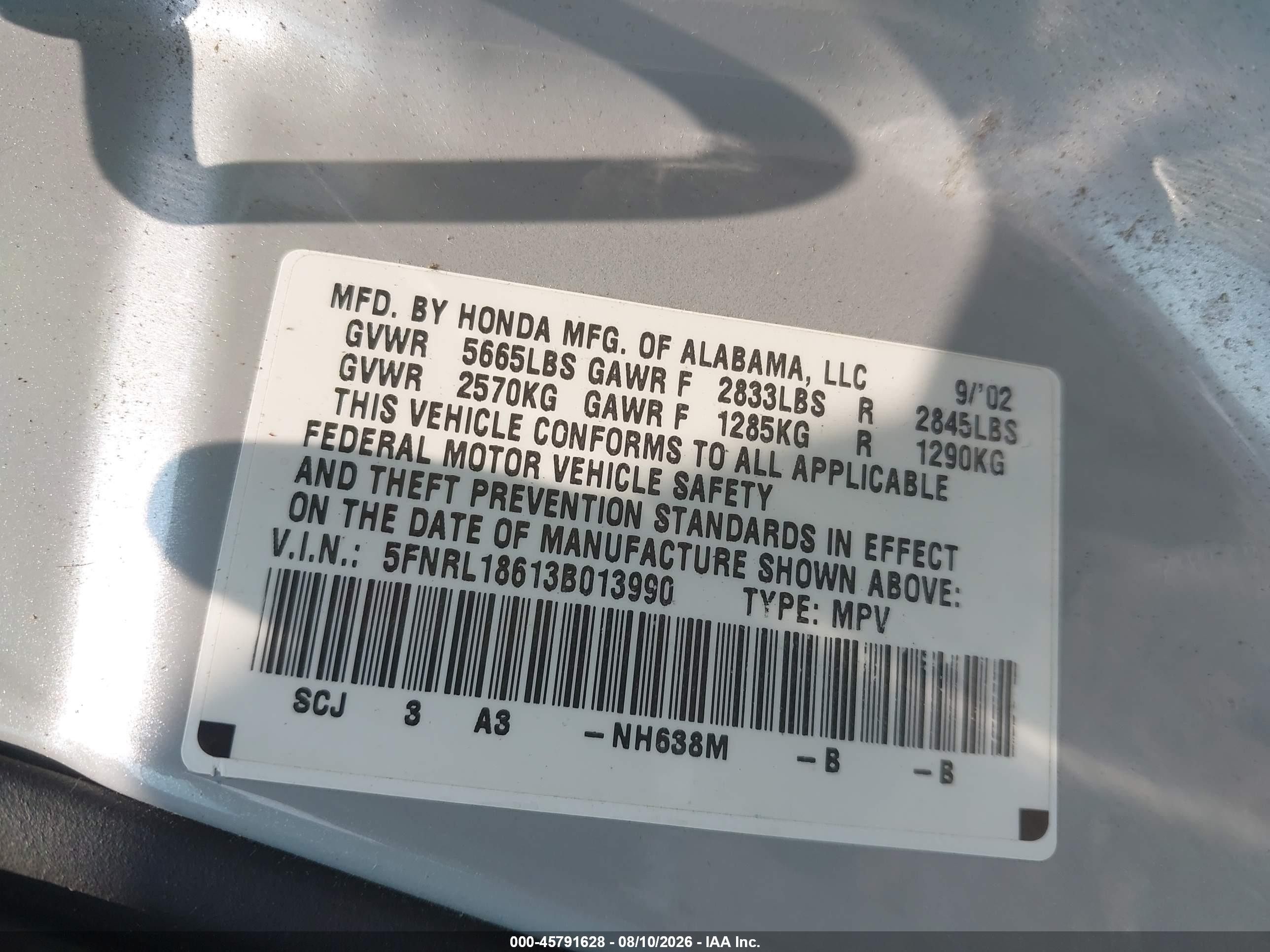 2003 Honda Odyssey Ex Silver vin: 5FNRL18613B013990
