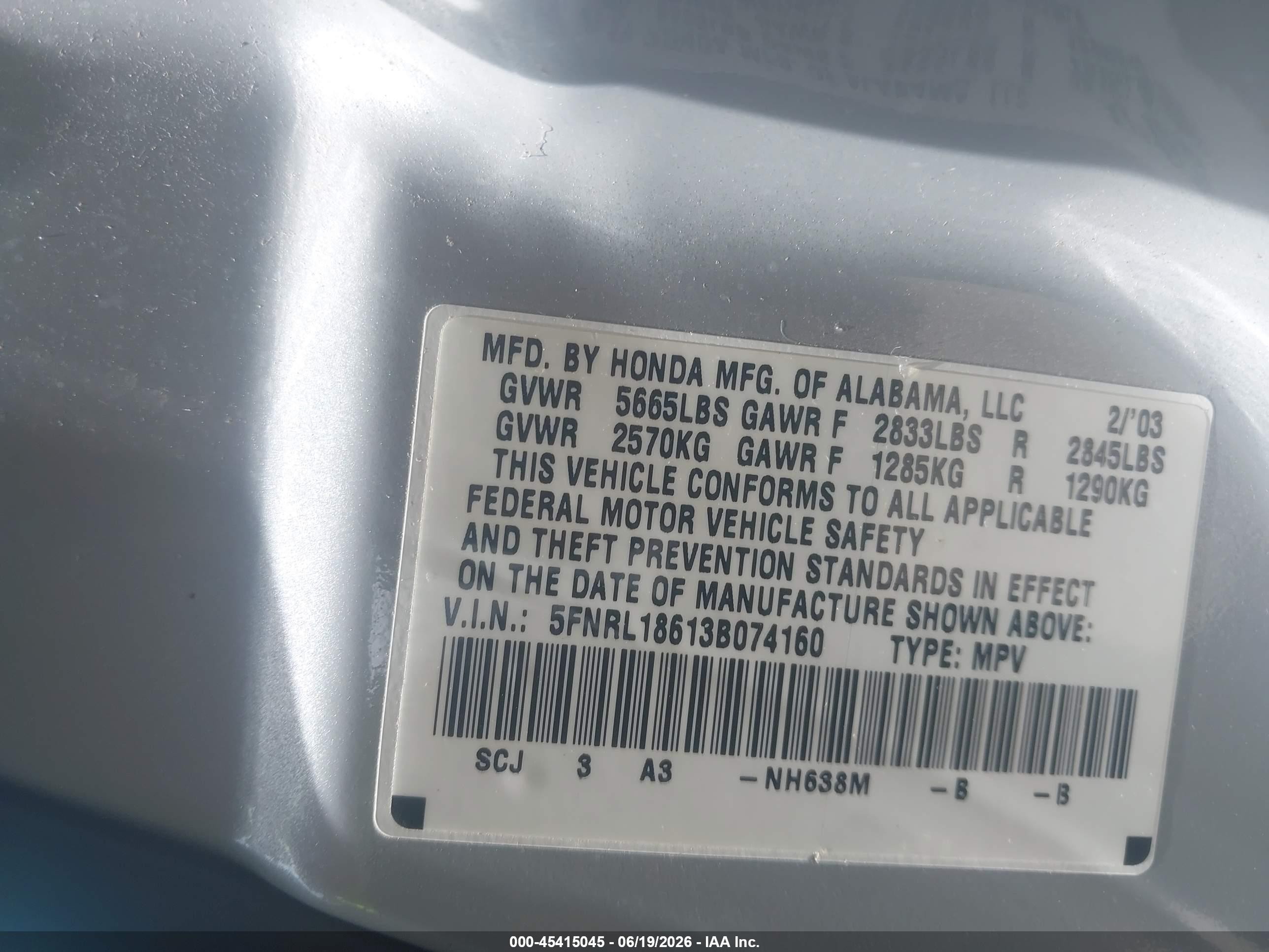 2003 Honda Odyssey Ex Silver vin: 5FNRL18613B074160
