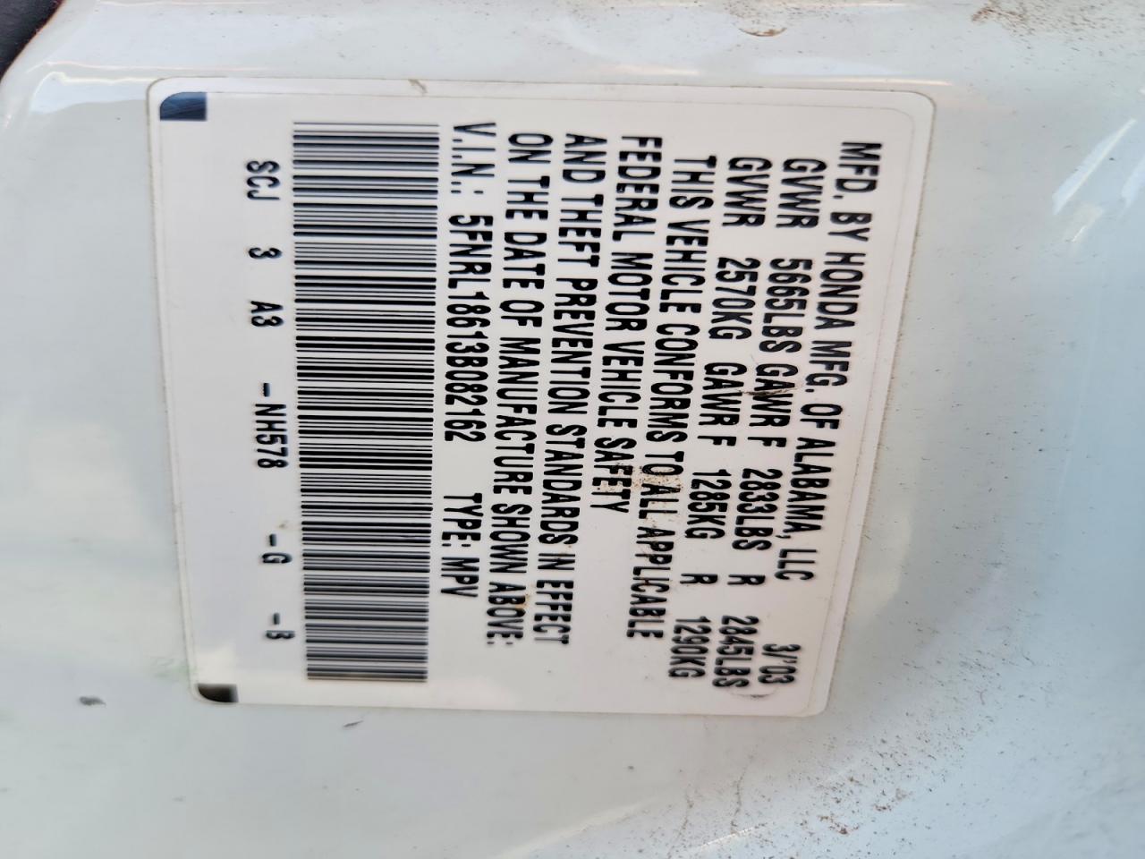 2003 Honda Odyssey Ex White vin: 5FNRL18613B082162