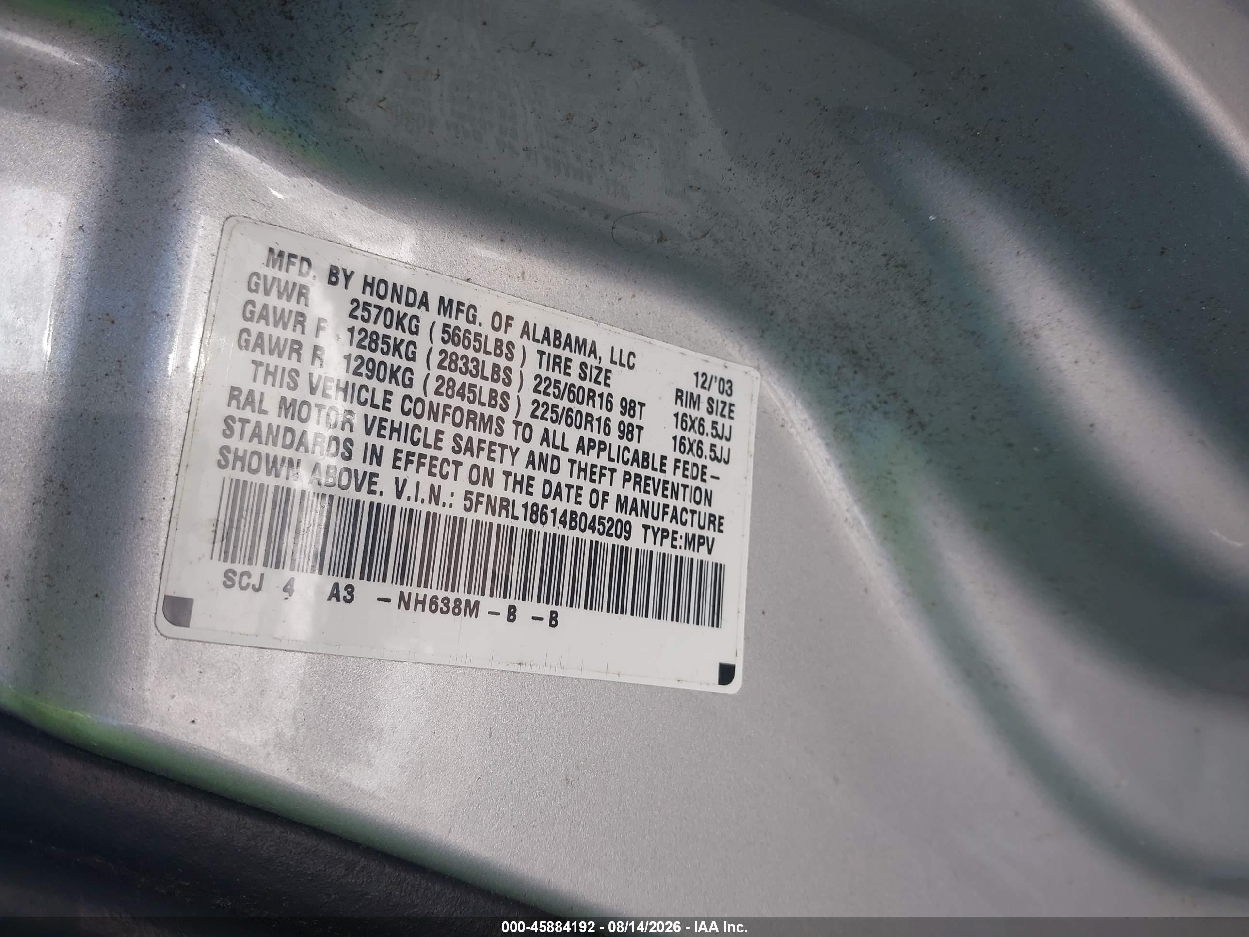 2004 Honda Odyssey Ex Silver vin: 5FNRL18614B045209