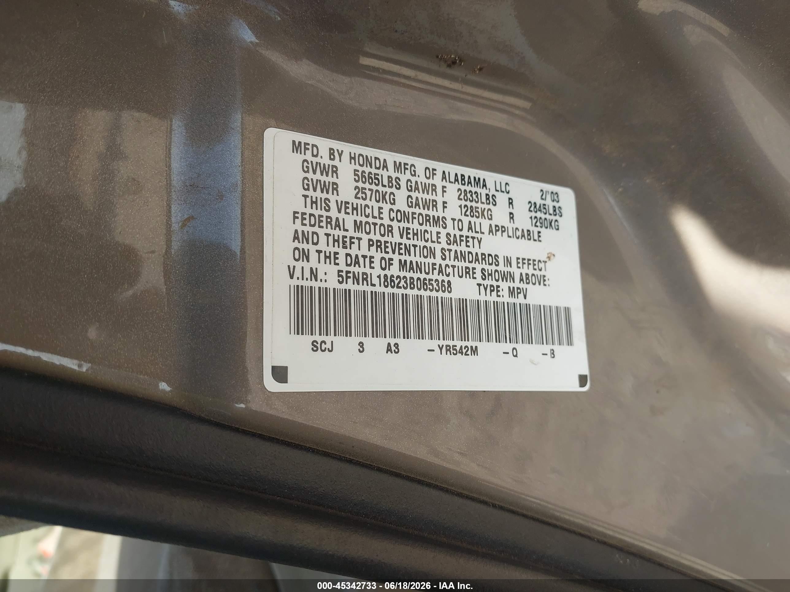 2003 Honda Odyssey Ex Gold vin: 5FNRL18623B065368