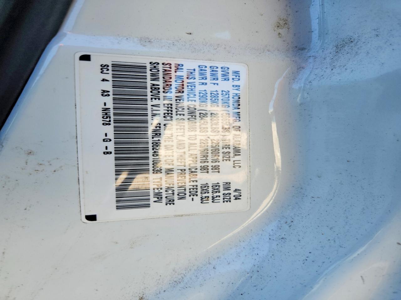 2004 Honda Odyssey Ex White vin: 5FNRL18624B108639