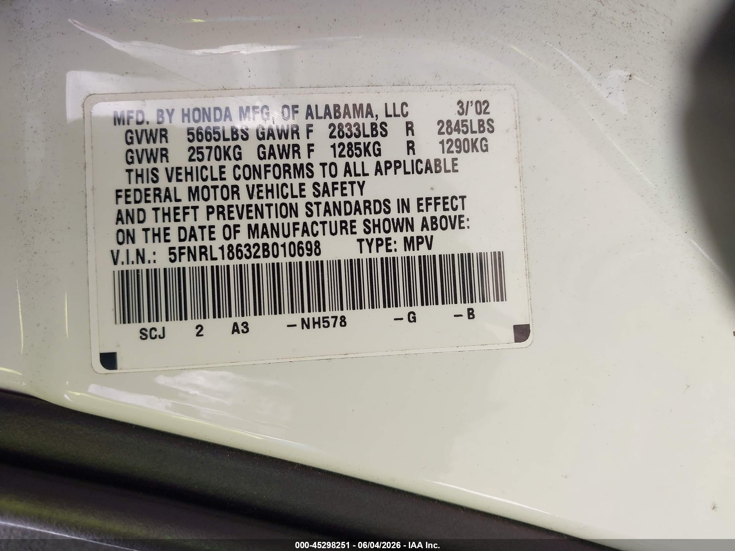 2002 Honda Odyssey Ex White vin: 5FNRL18632B010698