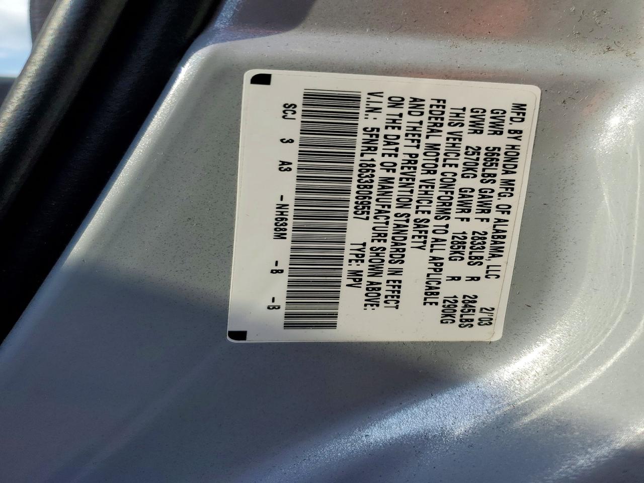 2003 Honda Odyssey Ex Gray vin: 5FNRL18633B069557