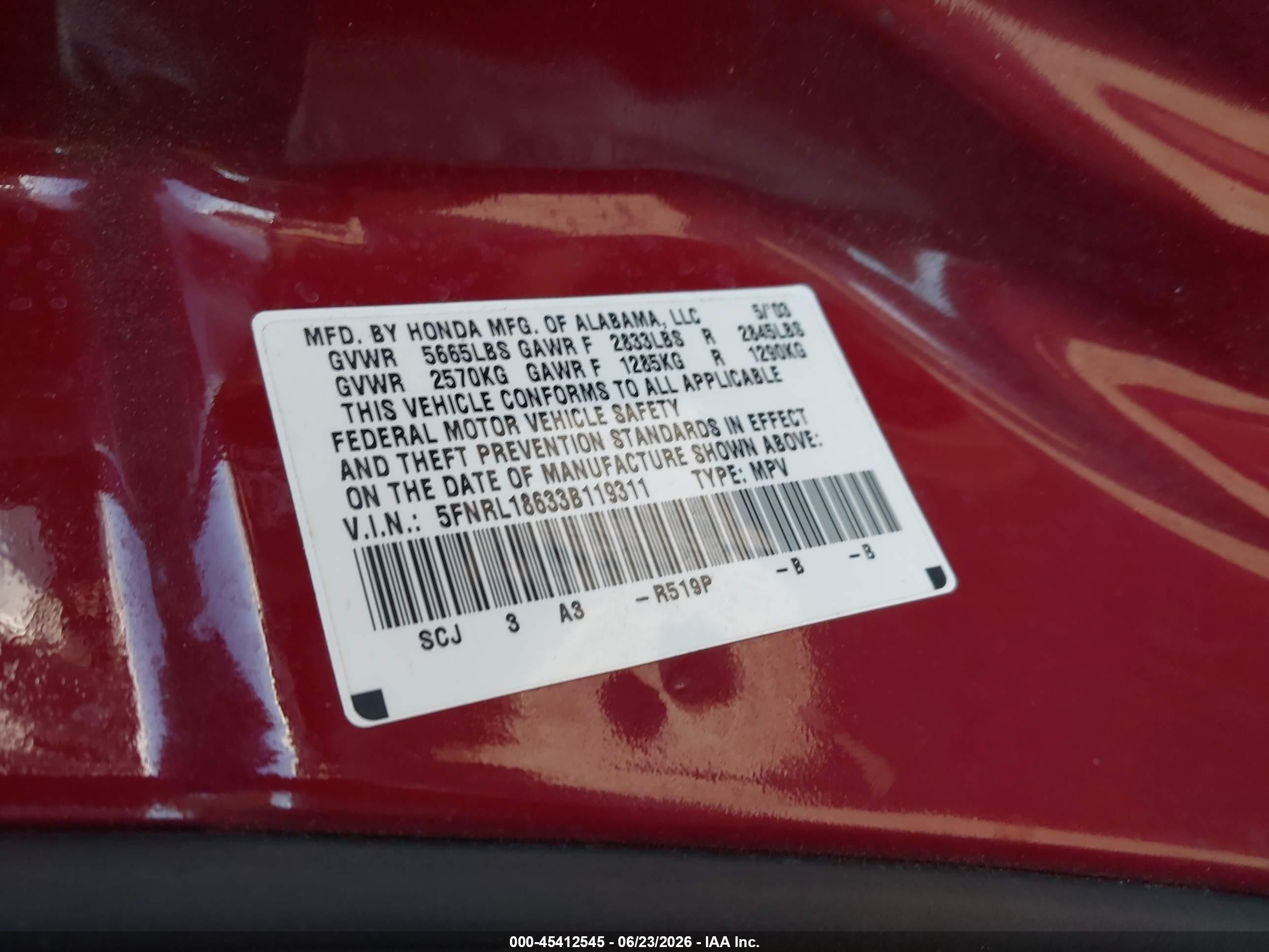 2003 Honda Odyssey Ex Red vin: 5FNRL18633B119311