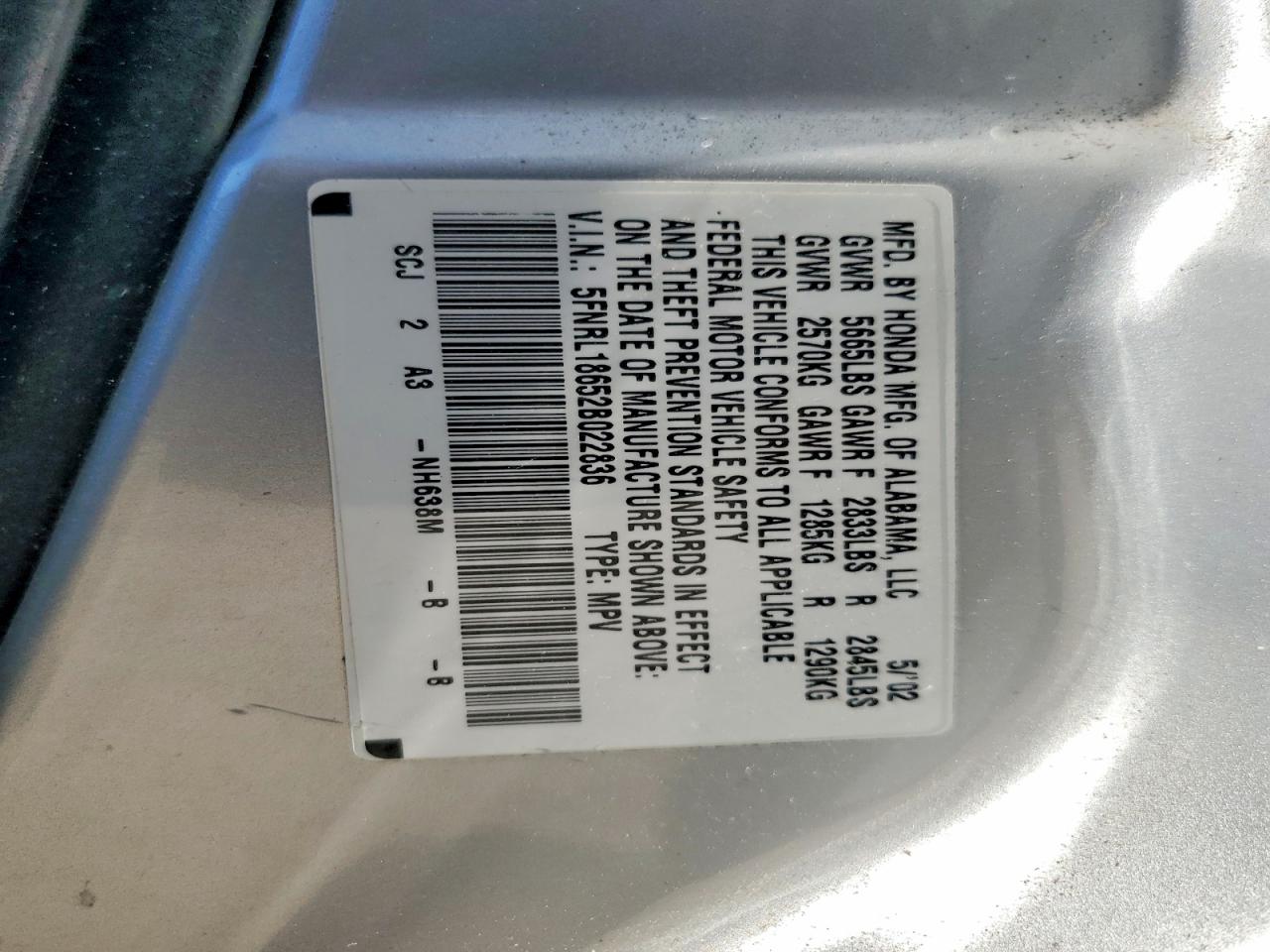 2002 Honda Odyssey Ex Silver vin: 5FNRL18652B022836