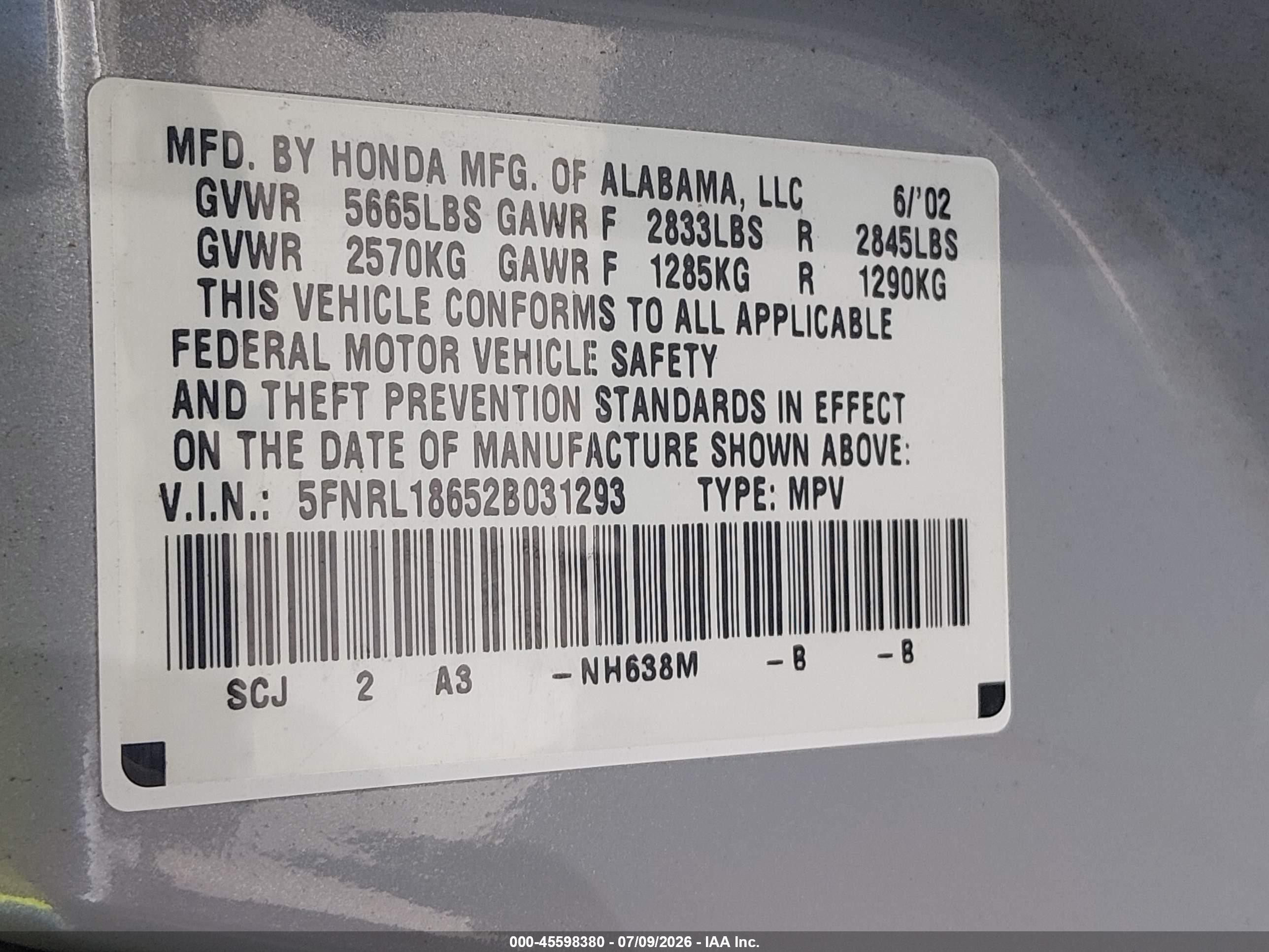 2002 Honda Odyssey Ex Silver vin: 5FNRL18652B031293