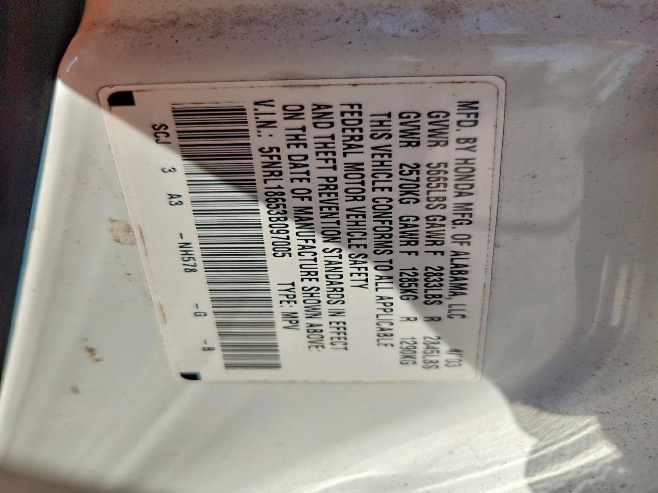 2003 Honda Odyssey Ex White vin: 5FNRL18653B097005