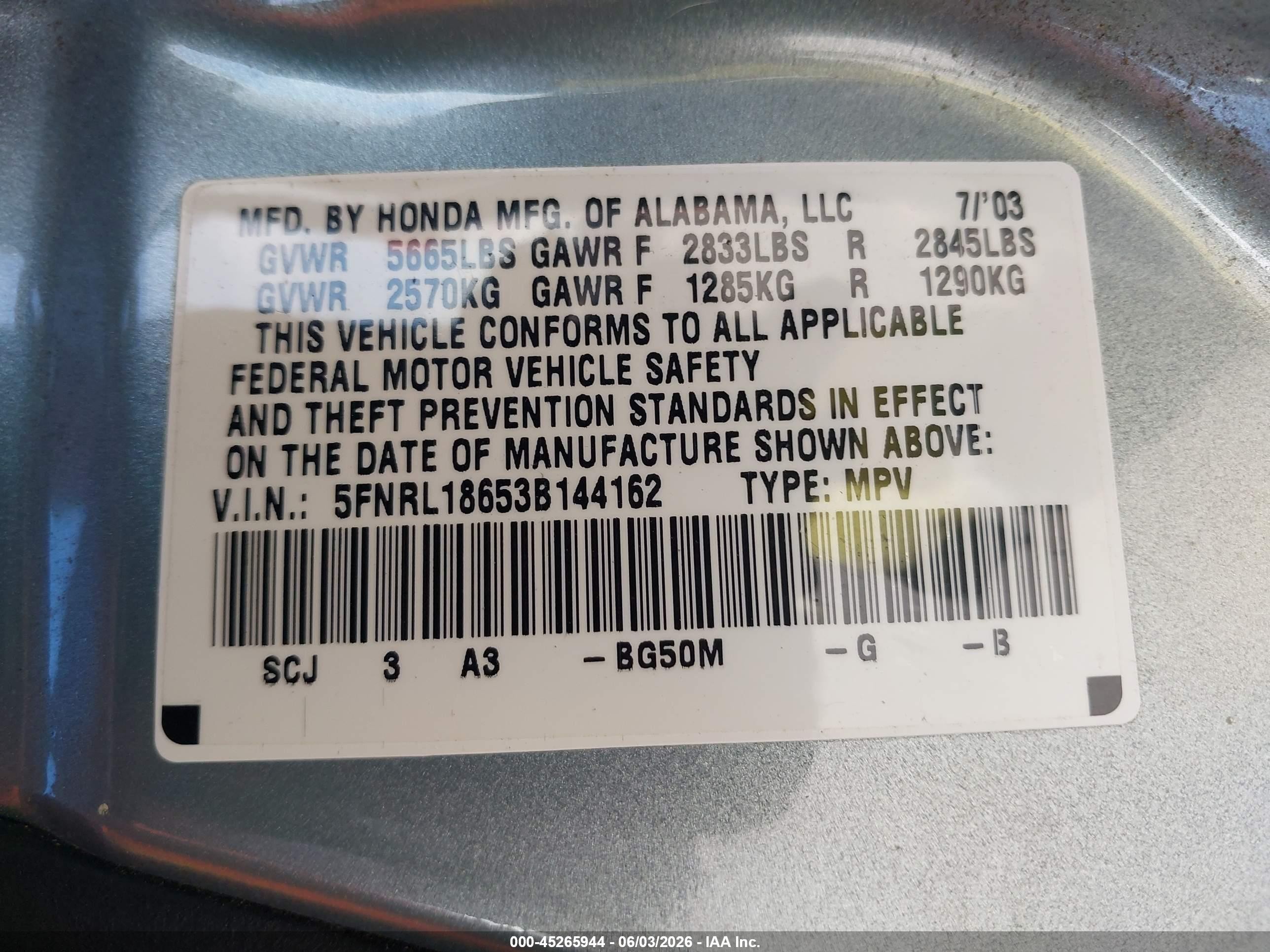 2003 Honda Odyssey Ex Light Blue vin: 5FNRL18653B144162