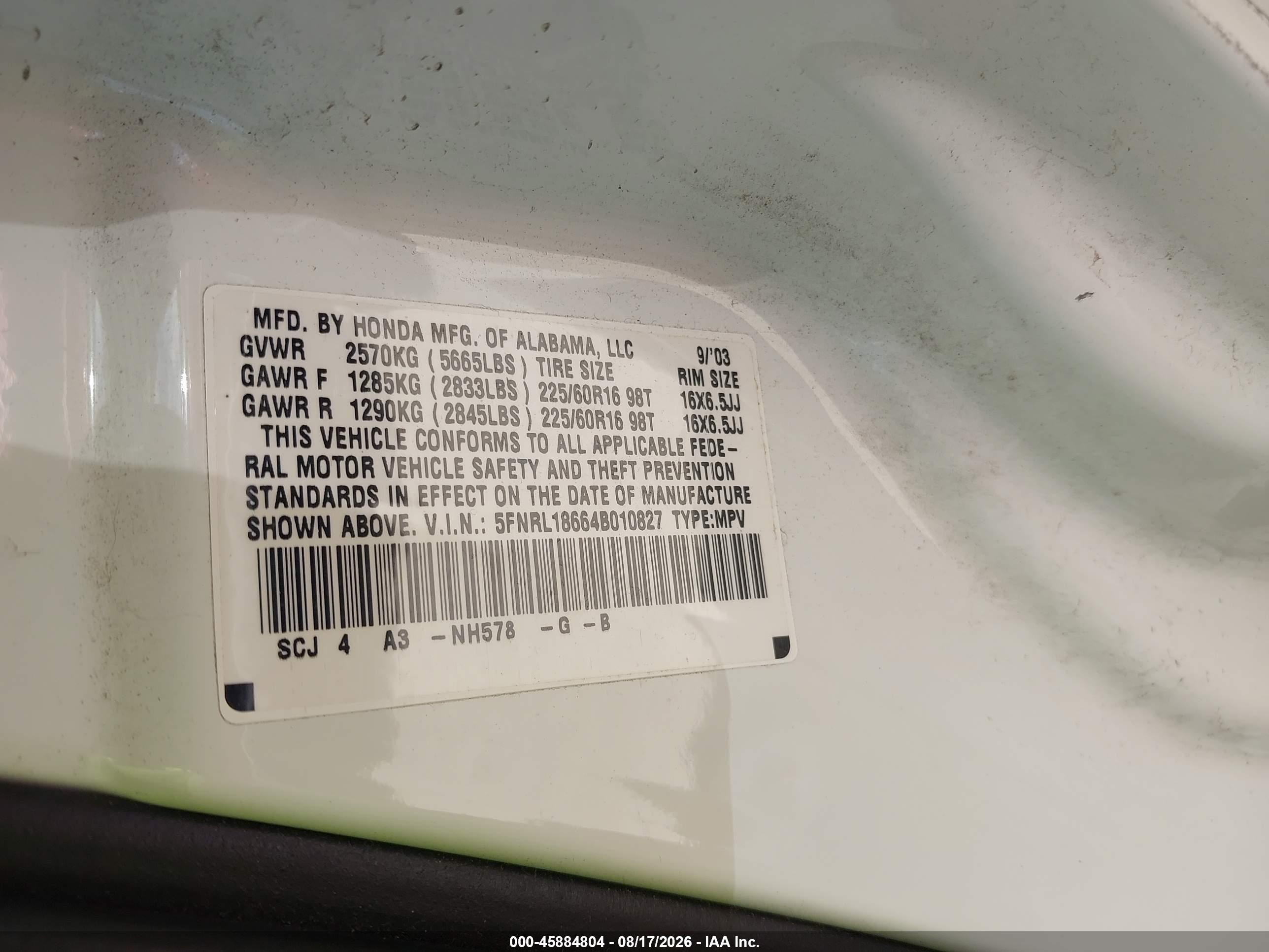 2004 Honda Odyssey Ex White vin: 5FNRL18664B010827