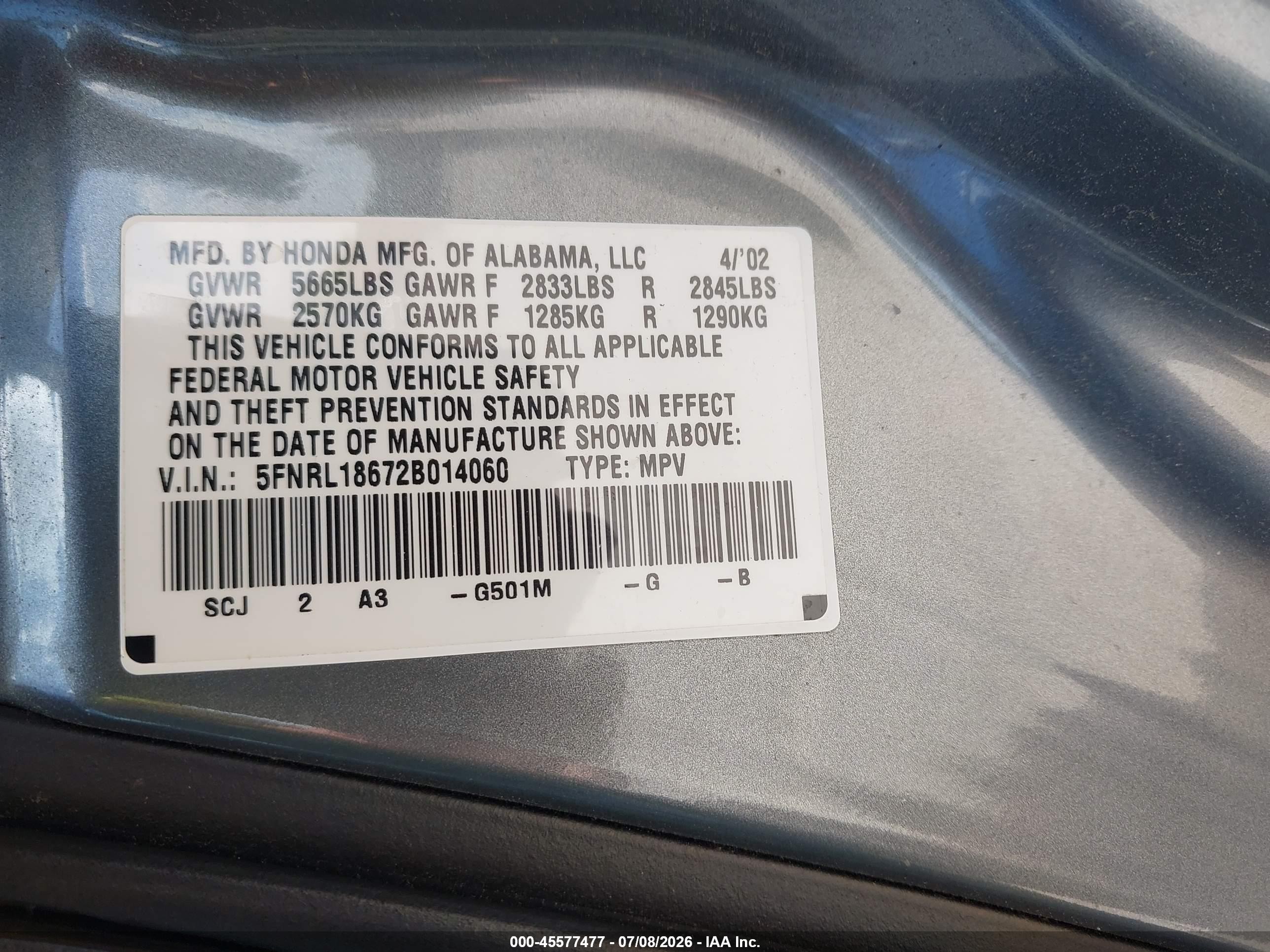 2002 Honda Odyssey Ex Blue vin: 5FNRL18672B014060