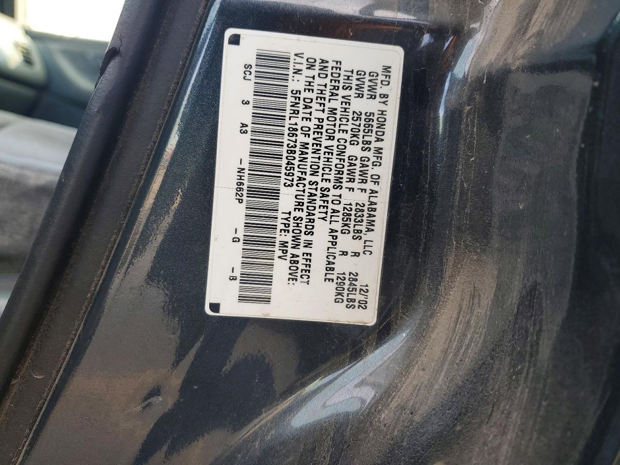 2003 Honda Odyssey Ex Blue vin: 5FNRL18673B045973