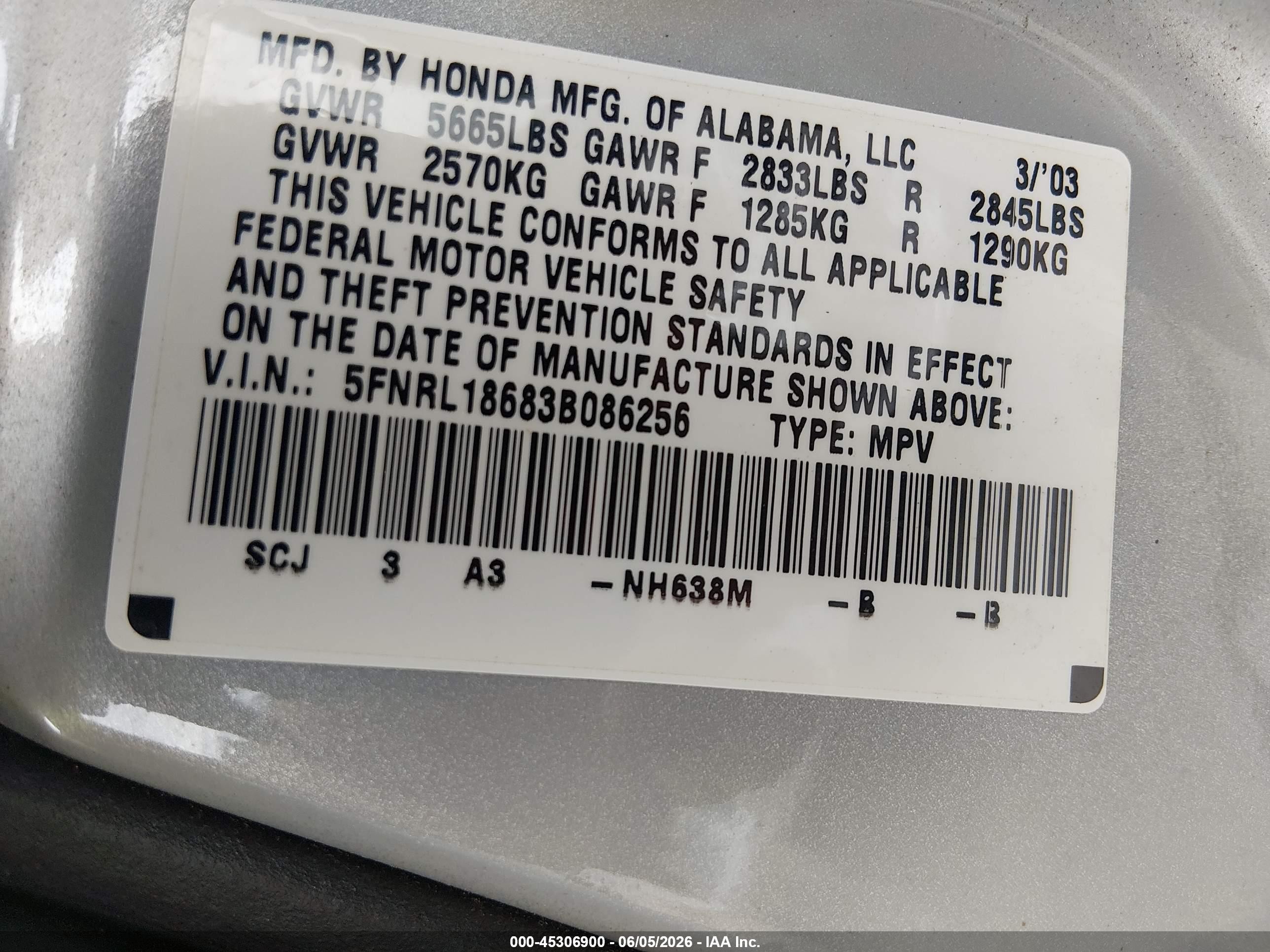 2003 Honda Odyssey Ex Silver vin: 5FNRL18683B086256