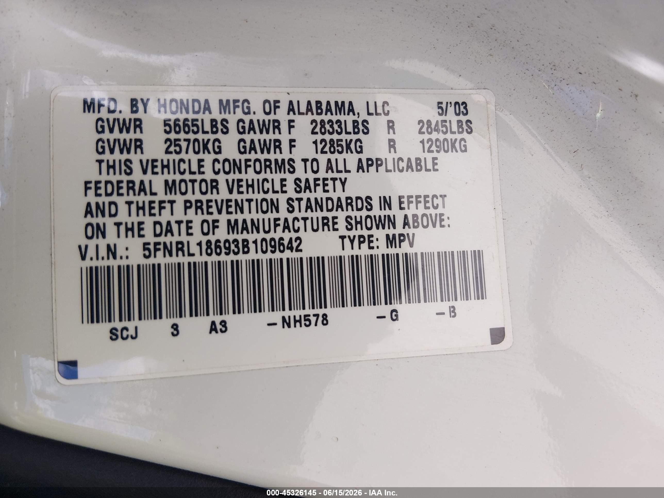 2003 Honda Odyssey Ex White vin: 5FNRL18693B109642