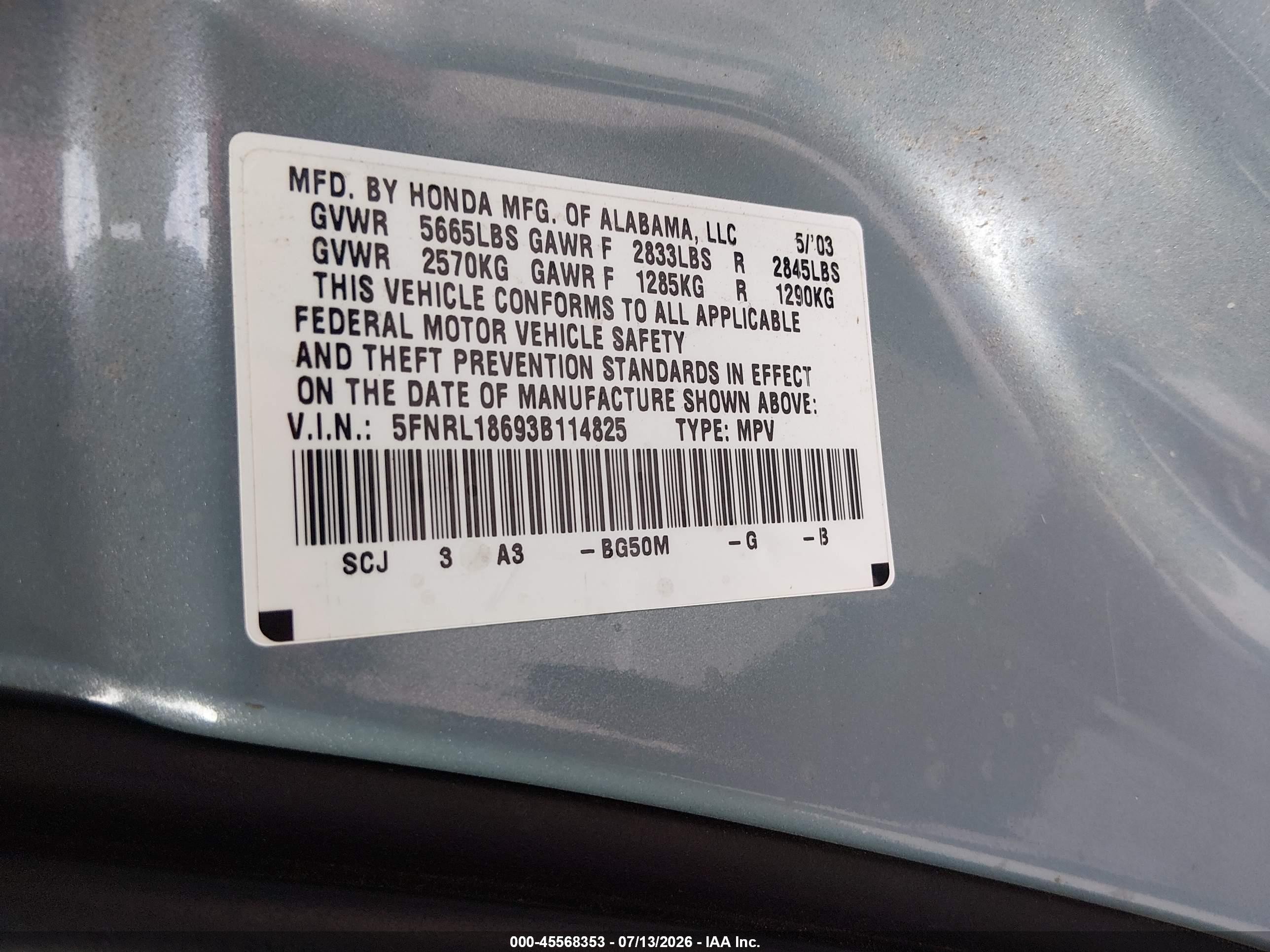 2003 Honda Odyssey Ex Light Blue vin: 5FNRL18693B114825