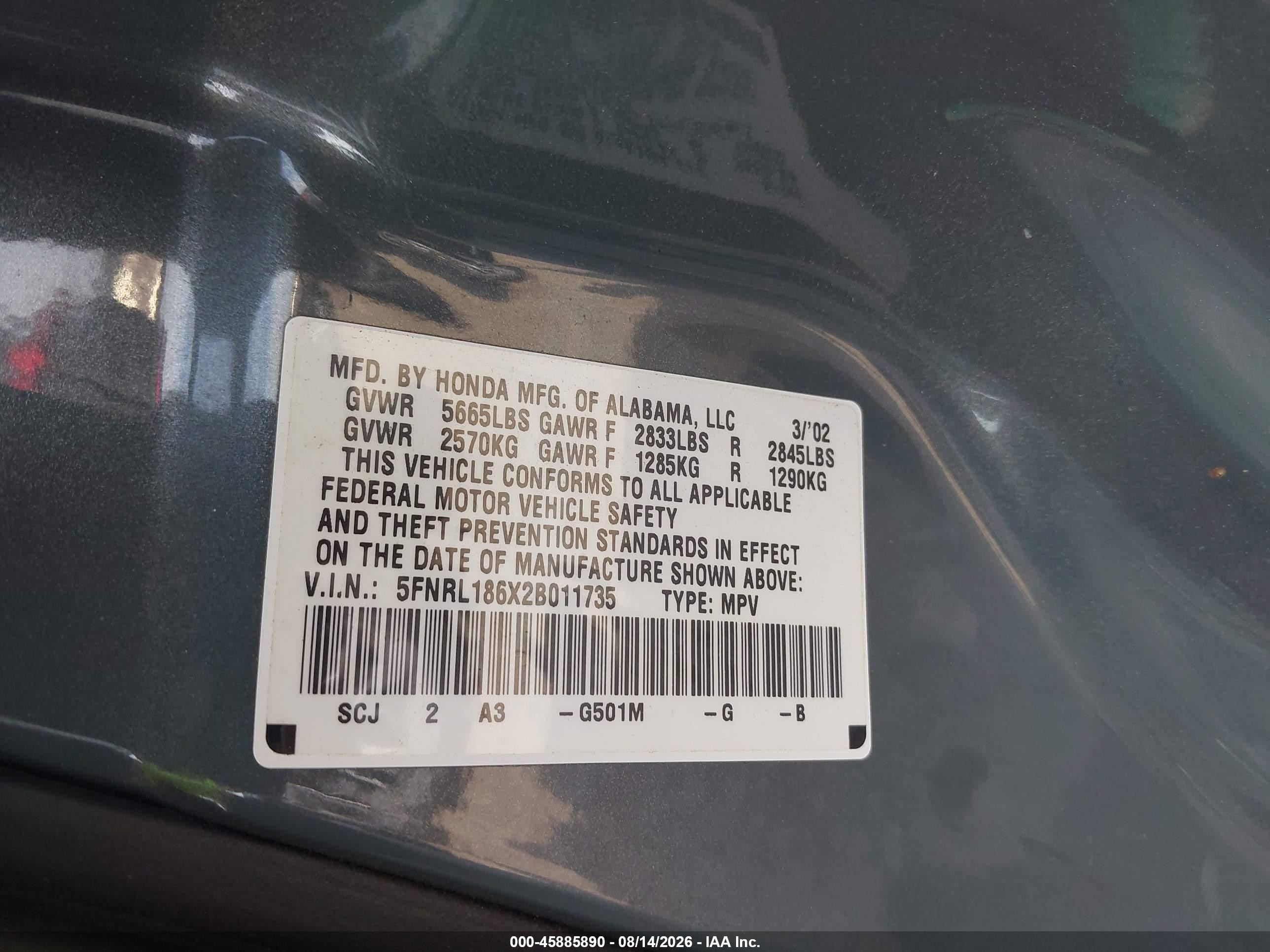 2002 Honda Odyssey Ex Teal vin: 5FNRL186X2B011735