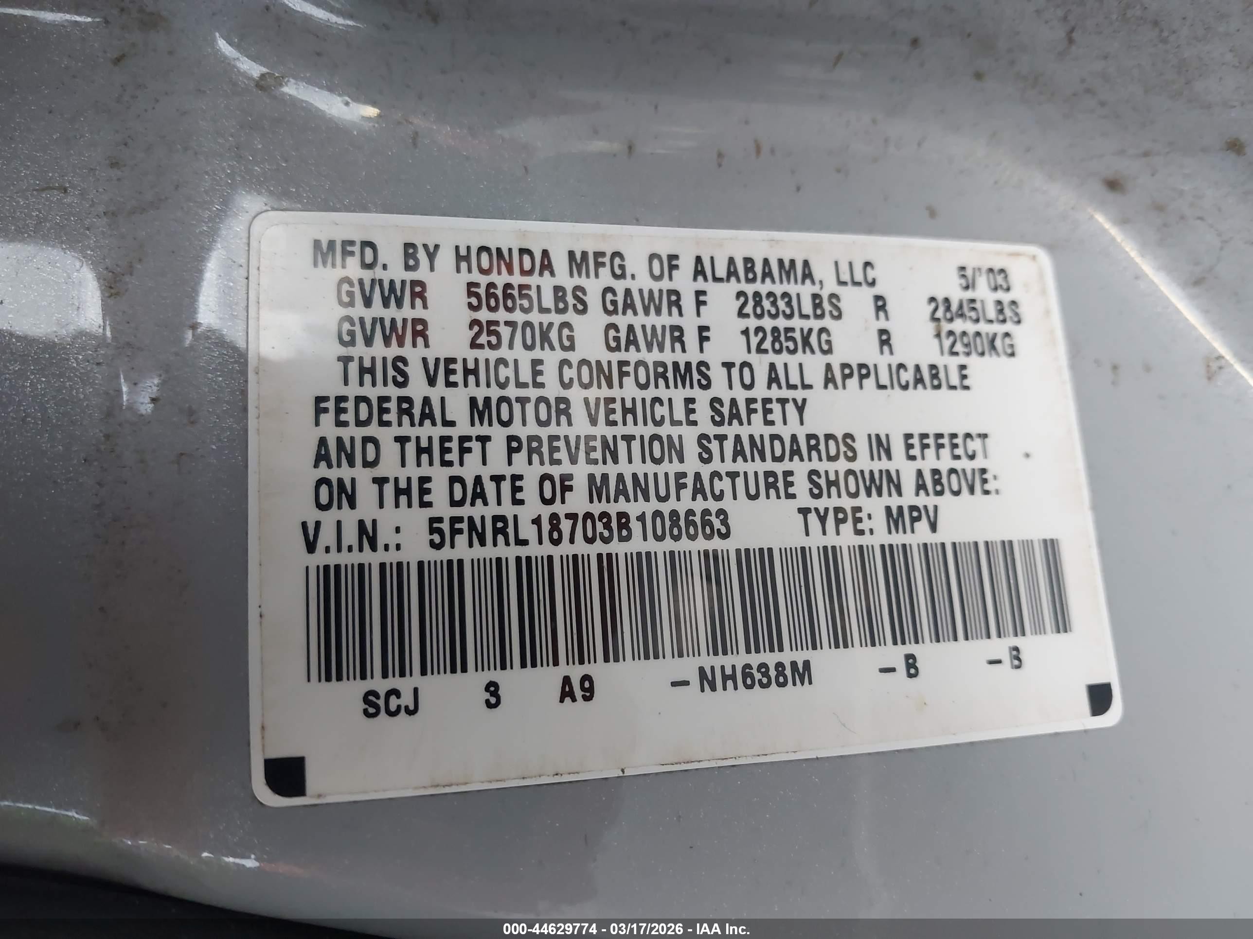 2003 Honda Odyssey Ex-l Silver vin: 5FNRL18703B108663