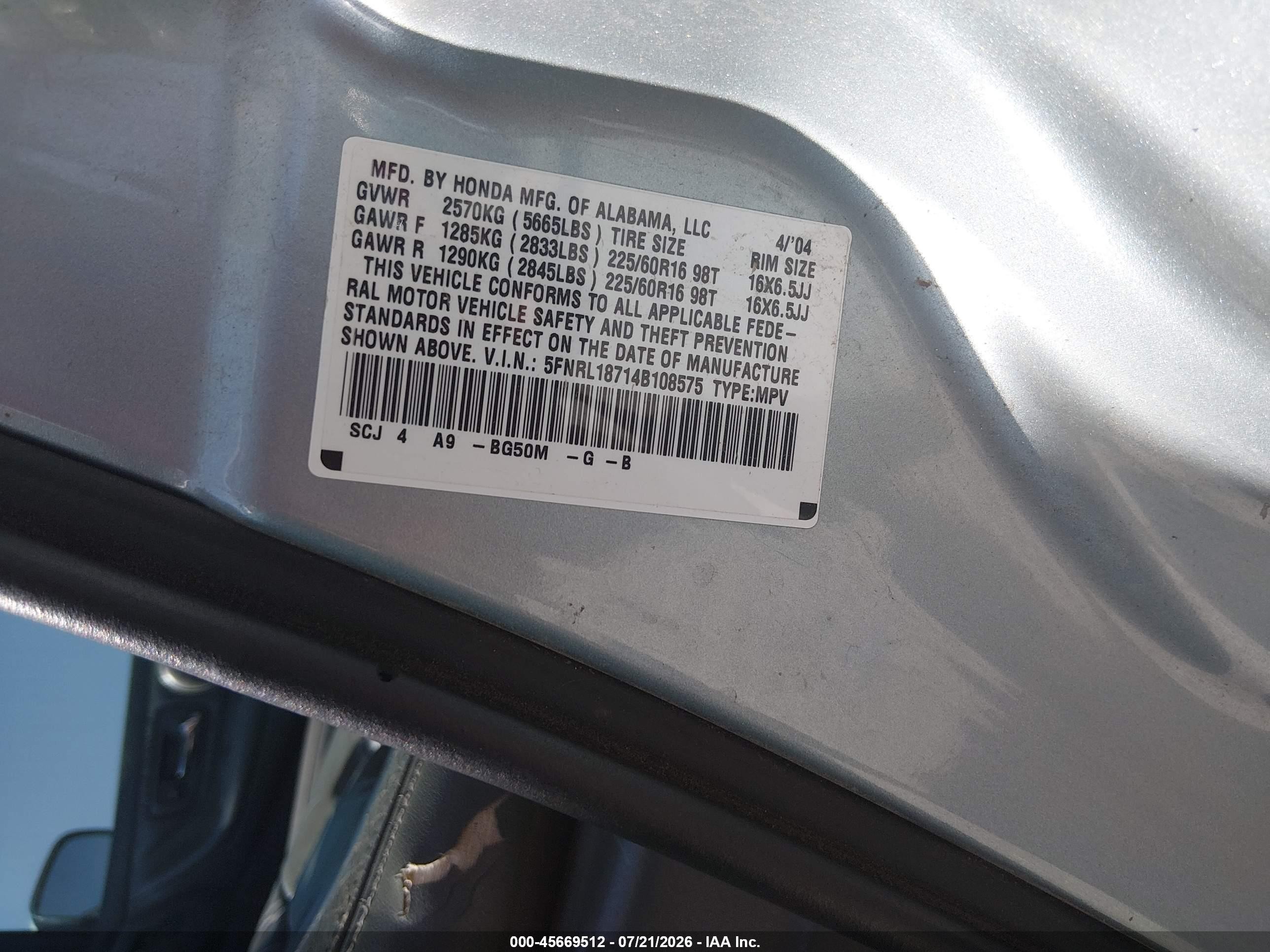 2004 Honda Odyssey Ex-l Gray vin: 5FNRL18714B108575