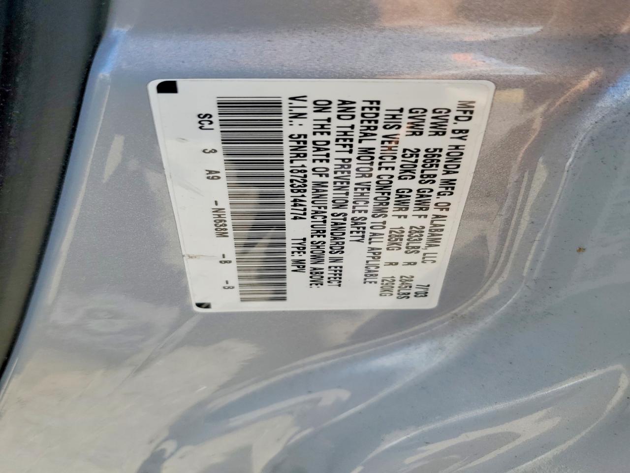 2003 Honda Odyssey Exl Silver vin: 5FNRL18723B144774