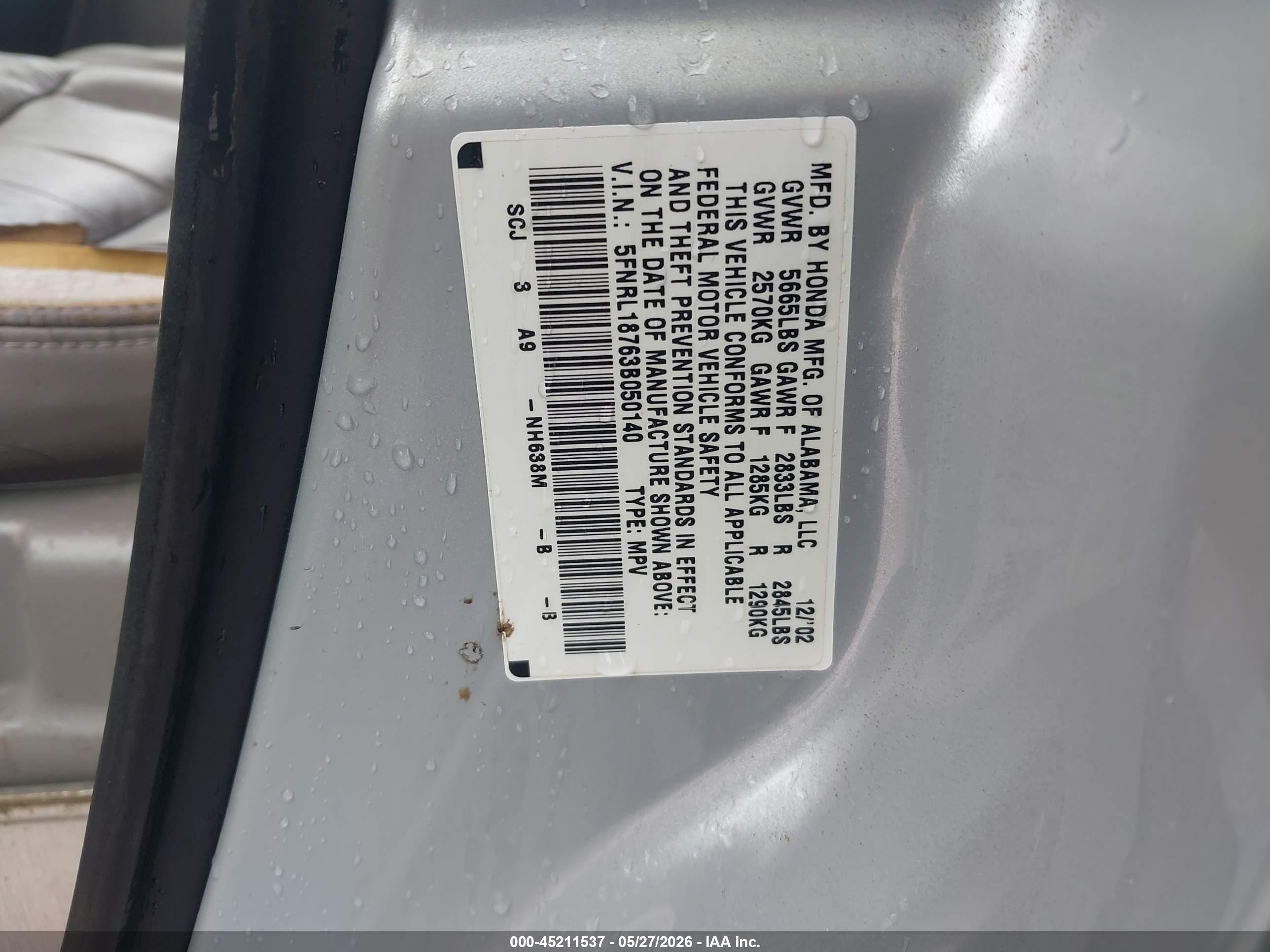 2003 Honda Odyssey Ex-l Silver vin: 5FNRL18763B050140