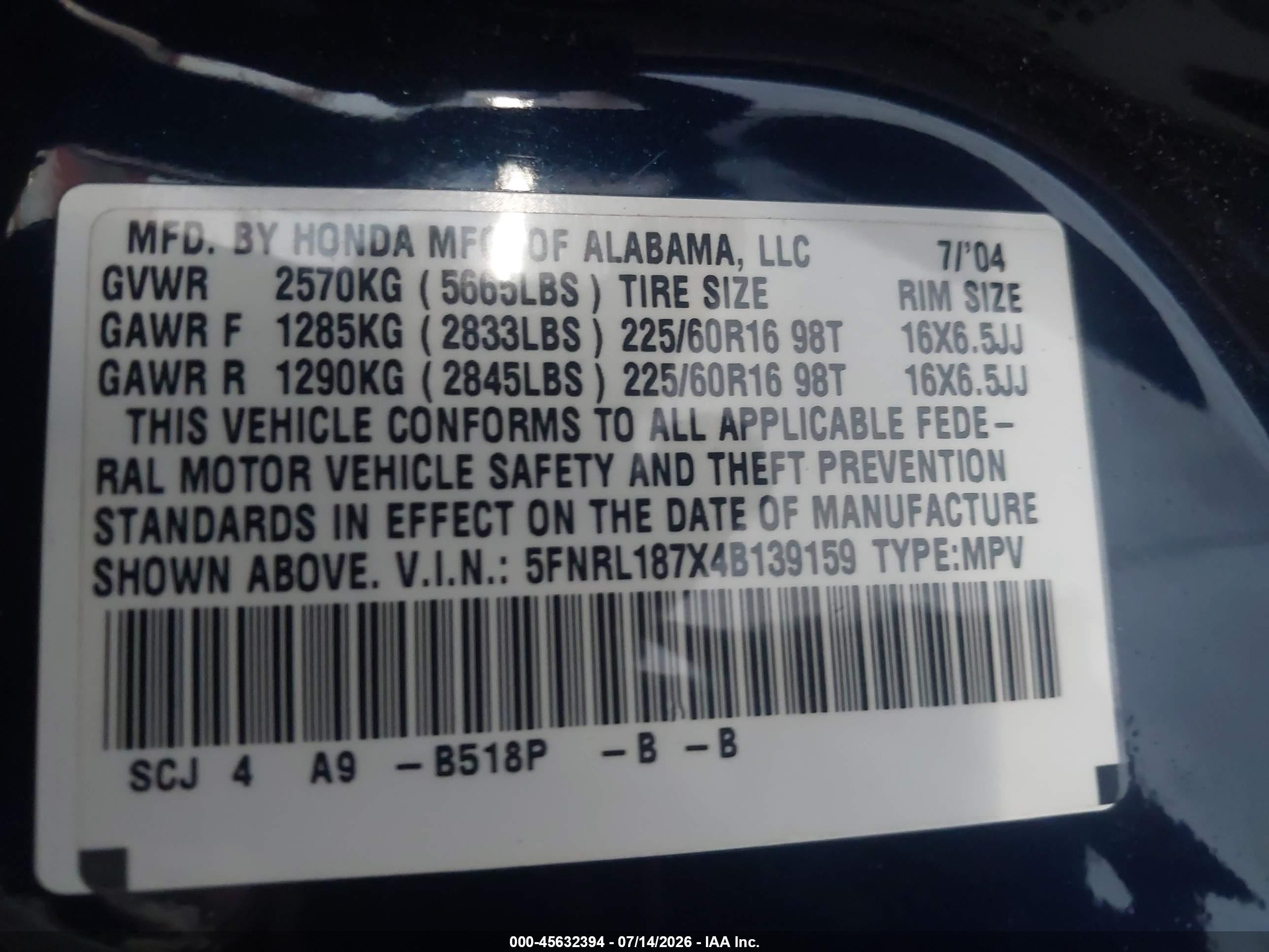 2004 Honda Odyssey Ex-l Blue vin: 5FNRL187X4B139159