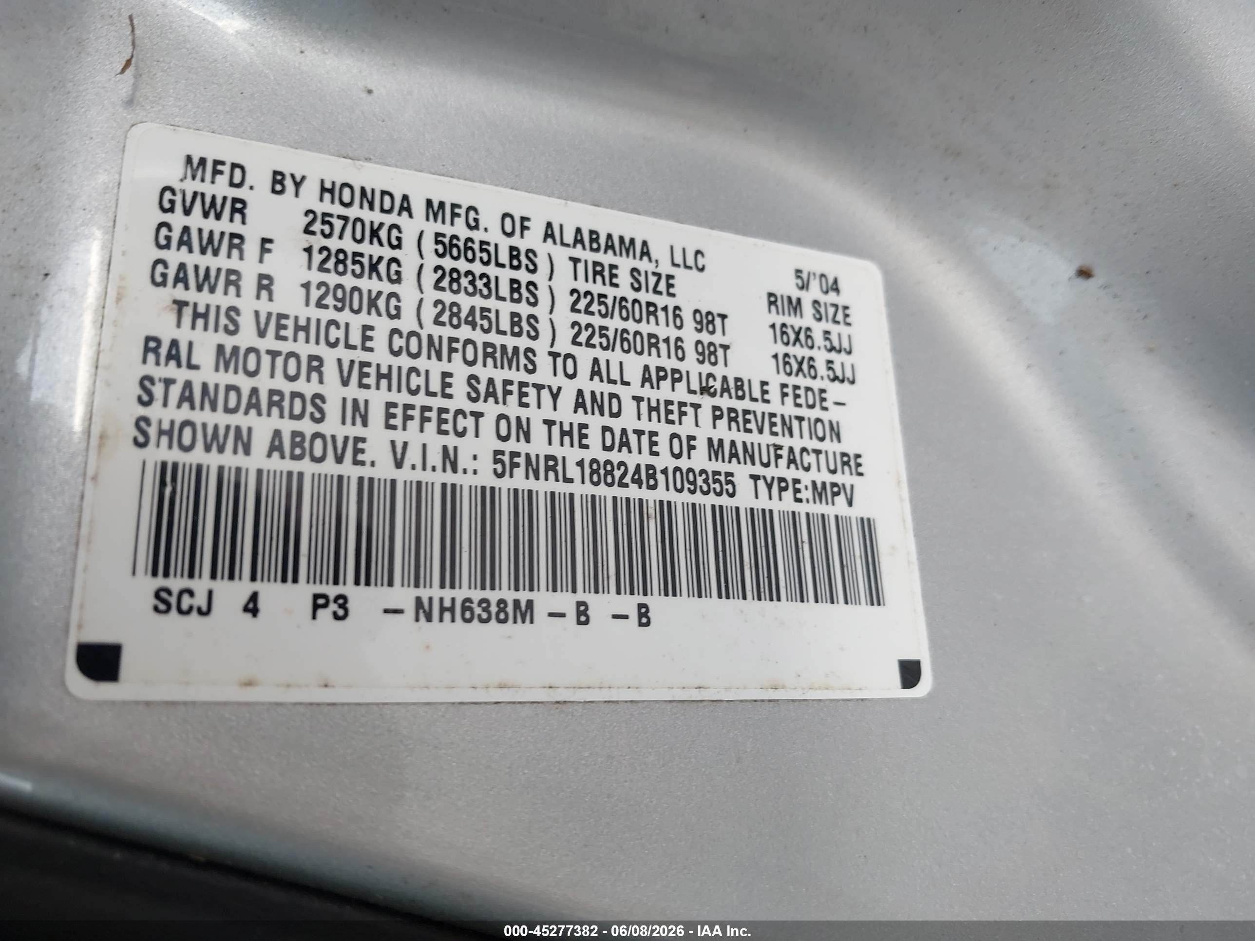 2004 Honda Odyssey Ex Silver vin: 5FNRL18824B109355