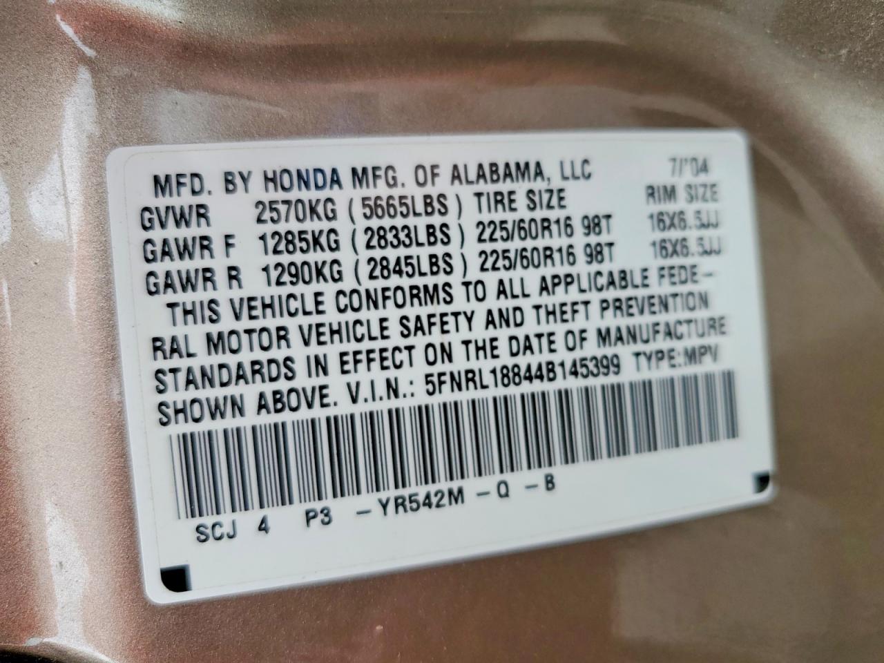 2004 Honda Odyssey Ex Gold vin: 5FNRL18844B145399