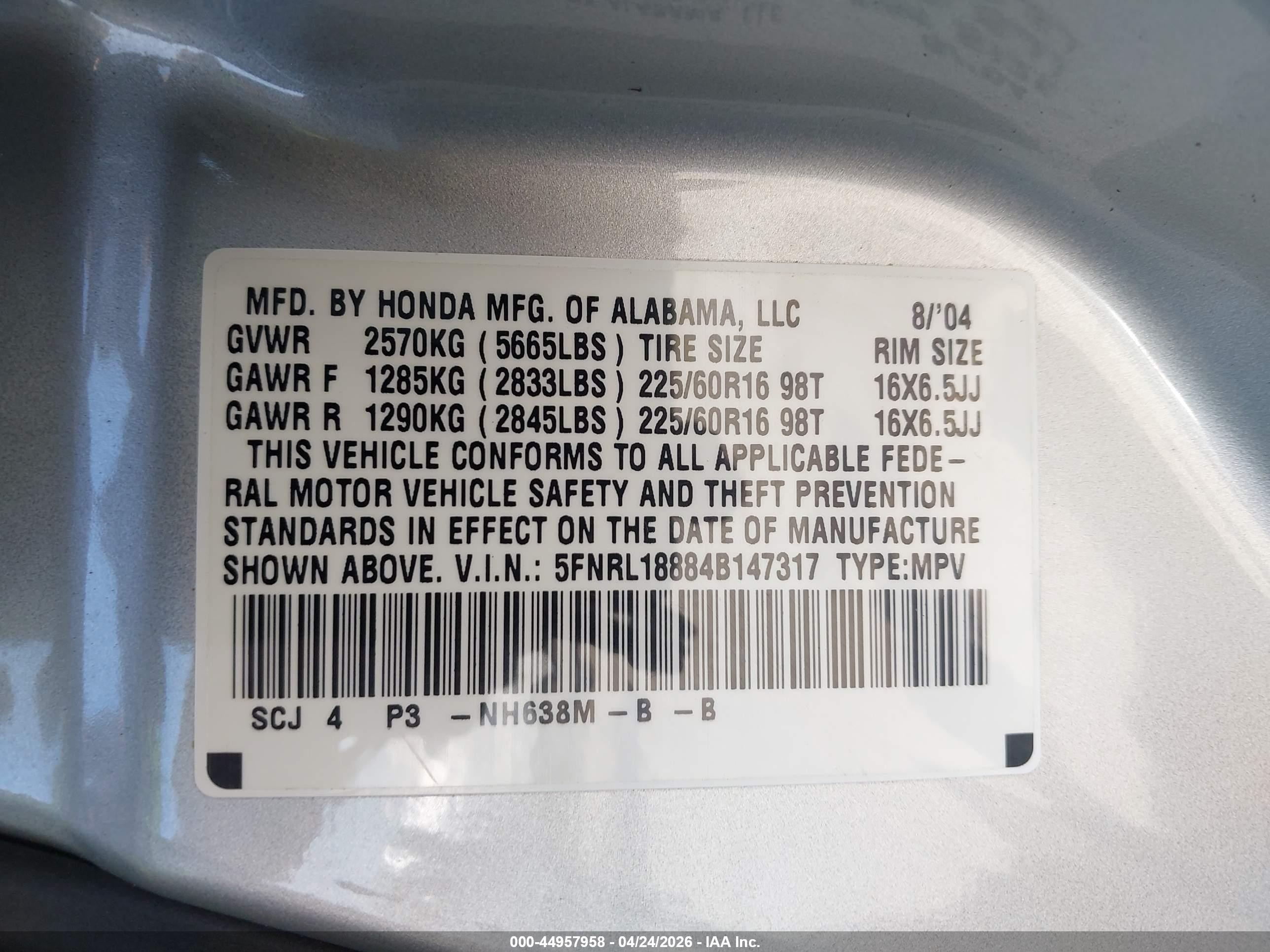 2004 Honda Odyssey Ex Silver vin: 5FNRL18884B147317