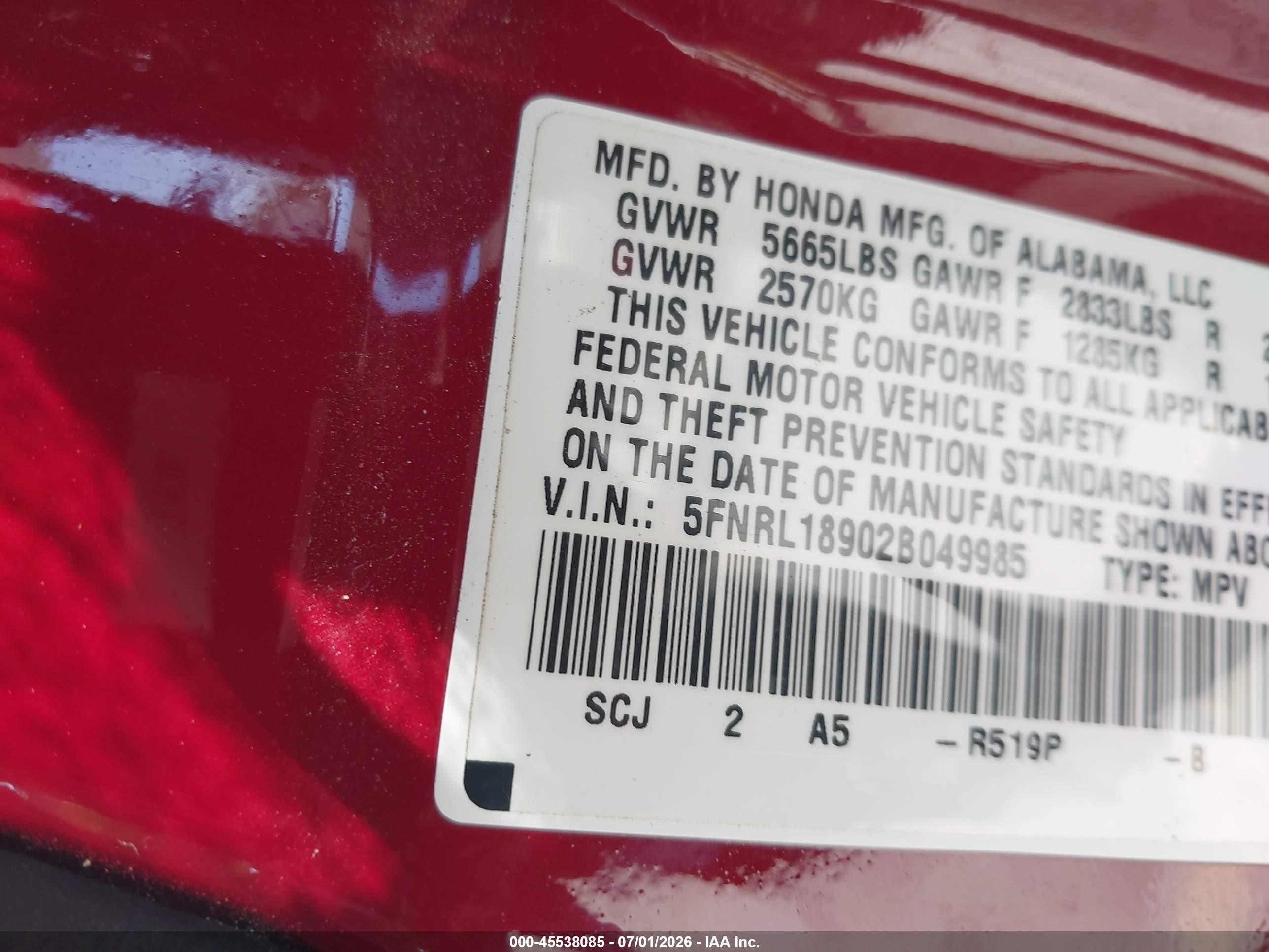 2002 Honda Odyssey Ex-l Red vin: 5FNRL18902B049985