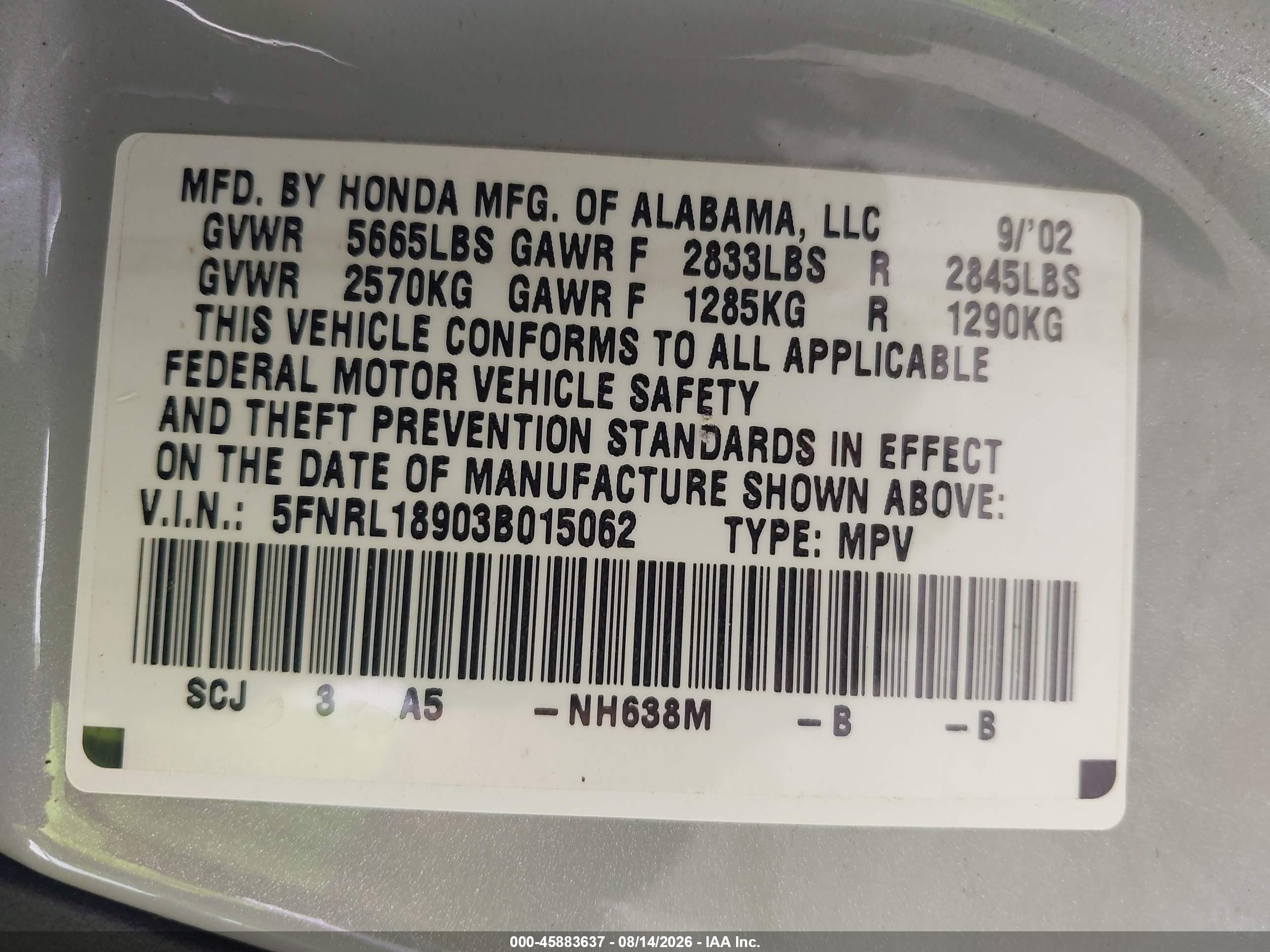2003 Honda Odyssey Ex-l Silver vin: 5FNRL18903B015062