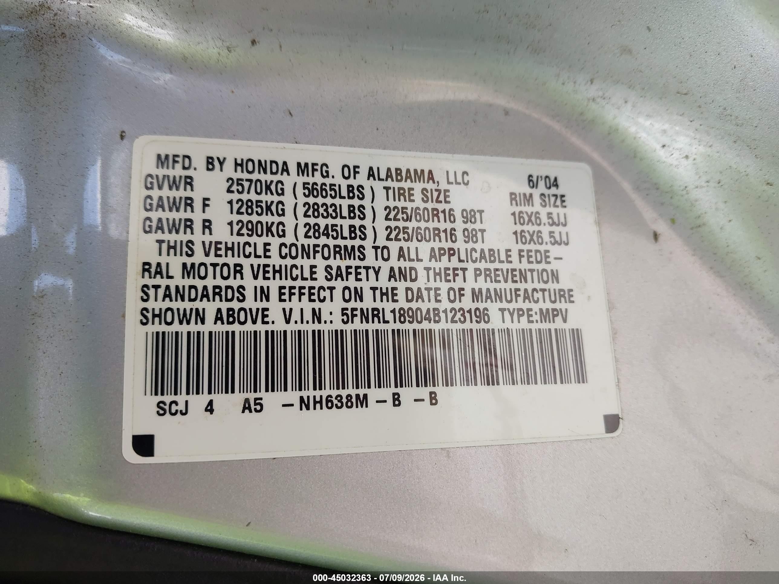 2004 Honda Odyssey Ex-l Silver vin: 5FNRL18904B123196