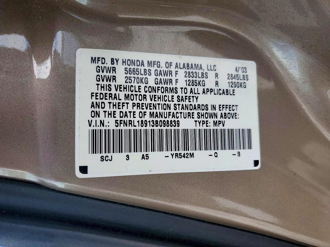 2003 Honda Odyssey Exl Tan vin: 5FNRL18913B098839