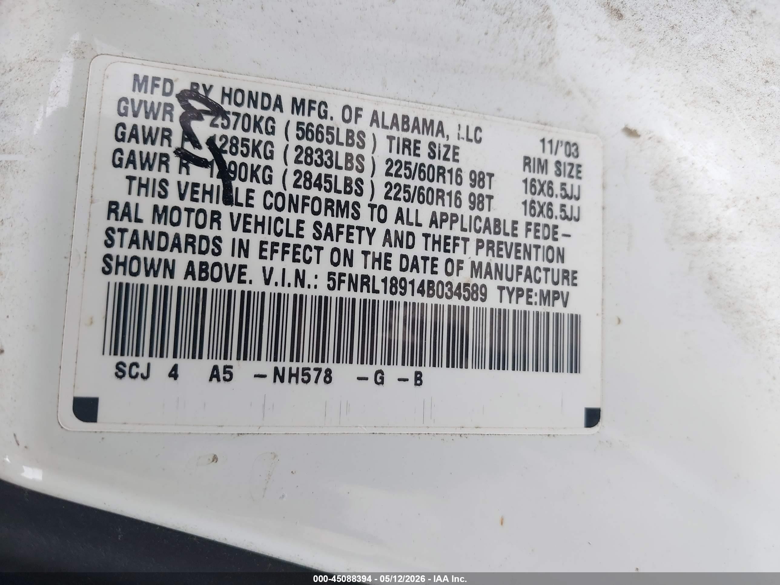 2004 Honda Odyssey Ex-l White vin: 5FNRL18914B034589