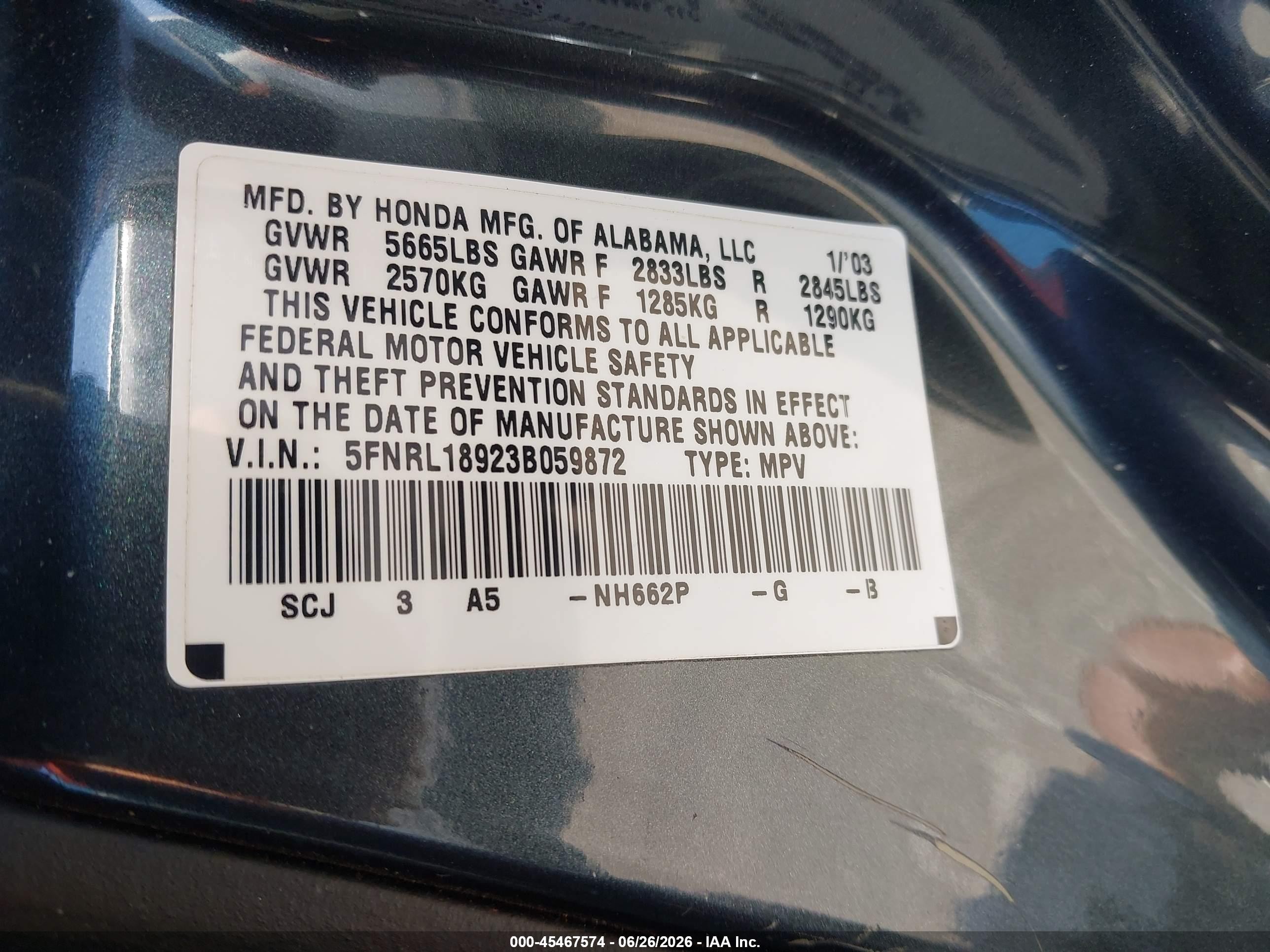2003 Honda Odyssey Ex-l Gray vin: 5FNRL18923B059872