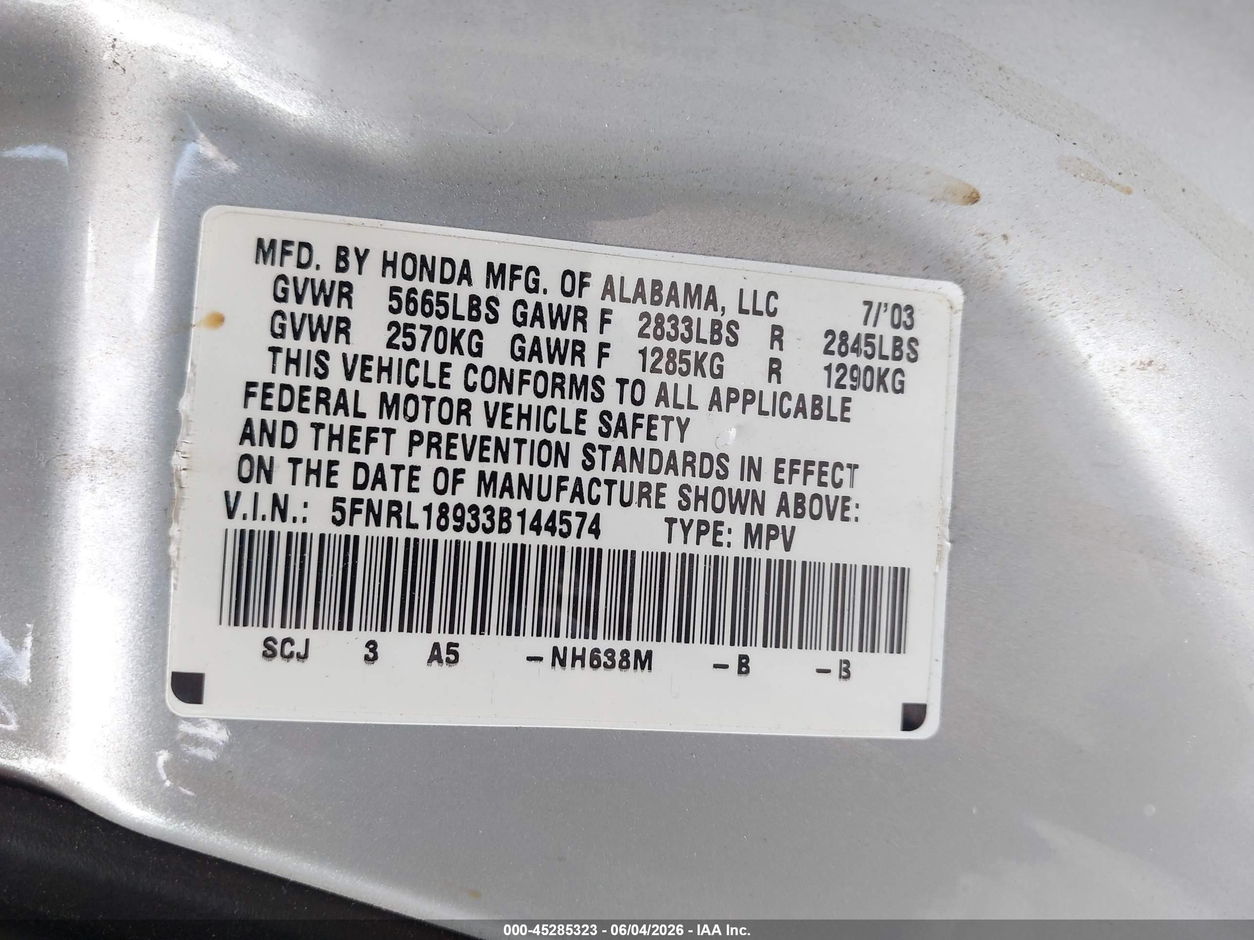 2003 Honda Odyssey Ex-l Silver vin: 5FNRL18933B144574
