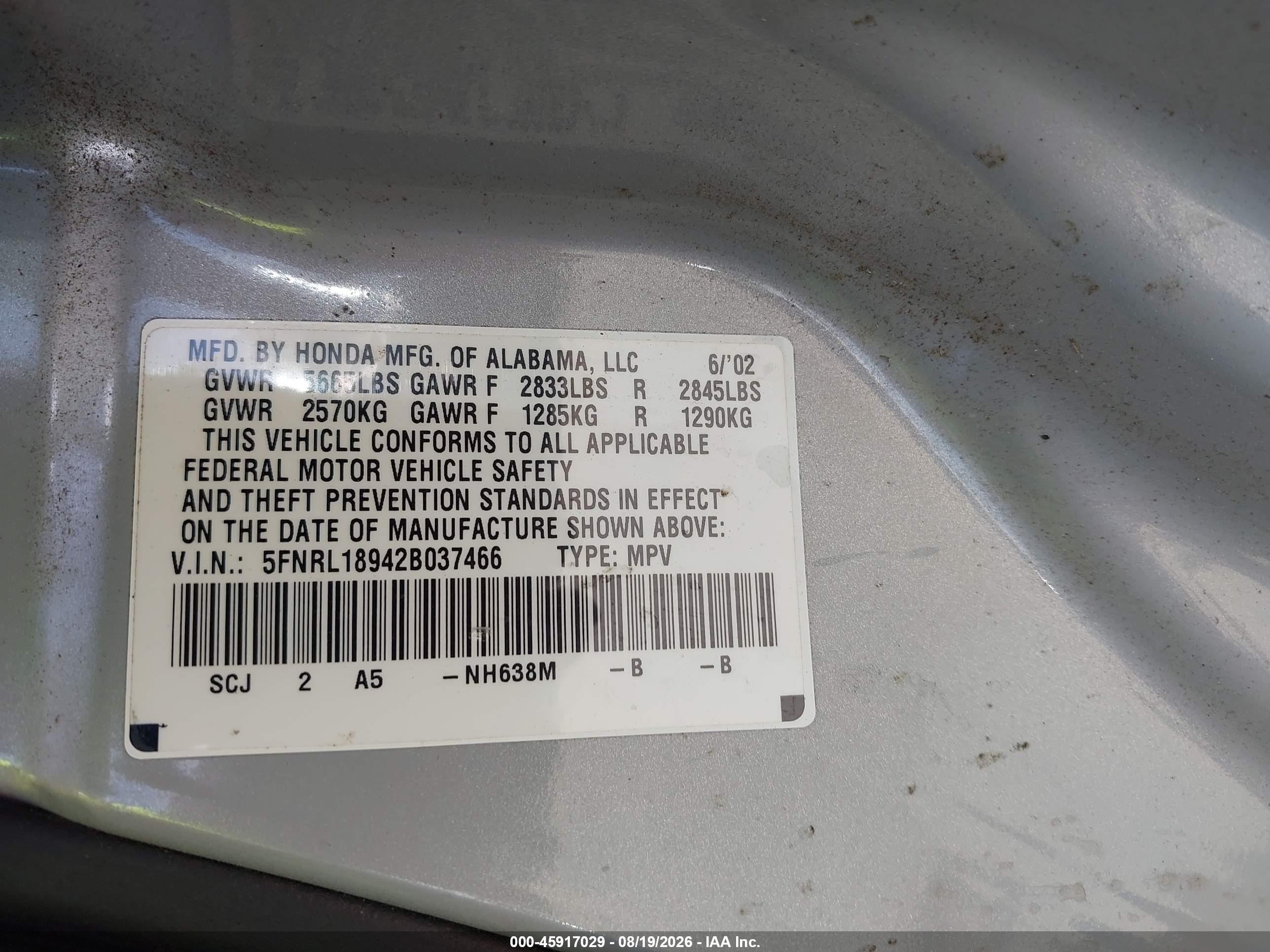 2002 Honda Odyssey Ex-l Silver vin: 5FNRL18942B037466