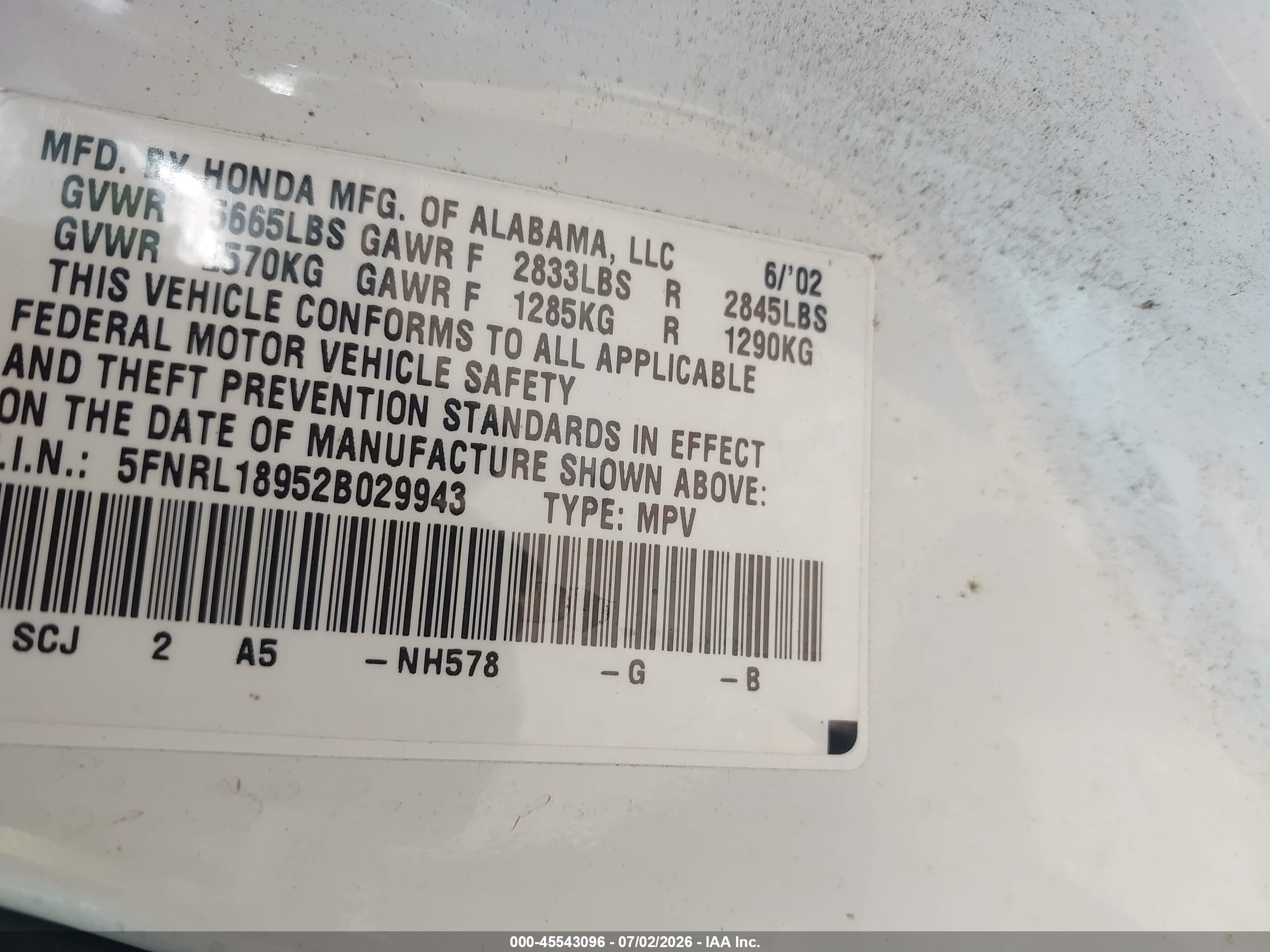 2002 Honda Odyssey Ex-l White vin: 5FNRL18952B029943
