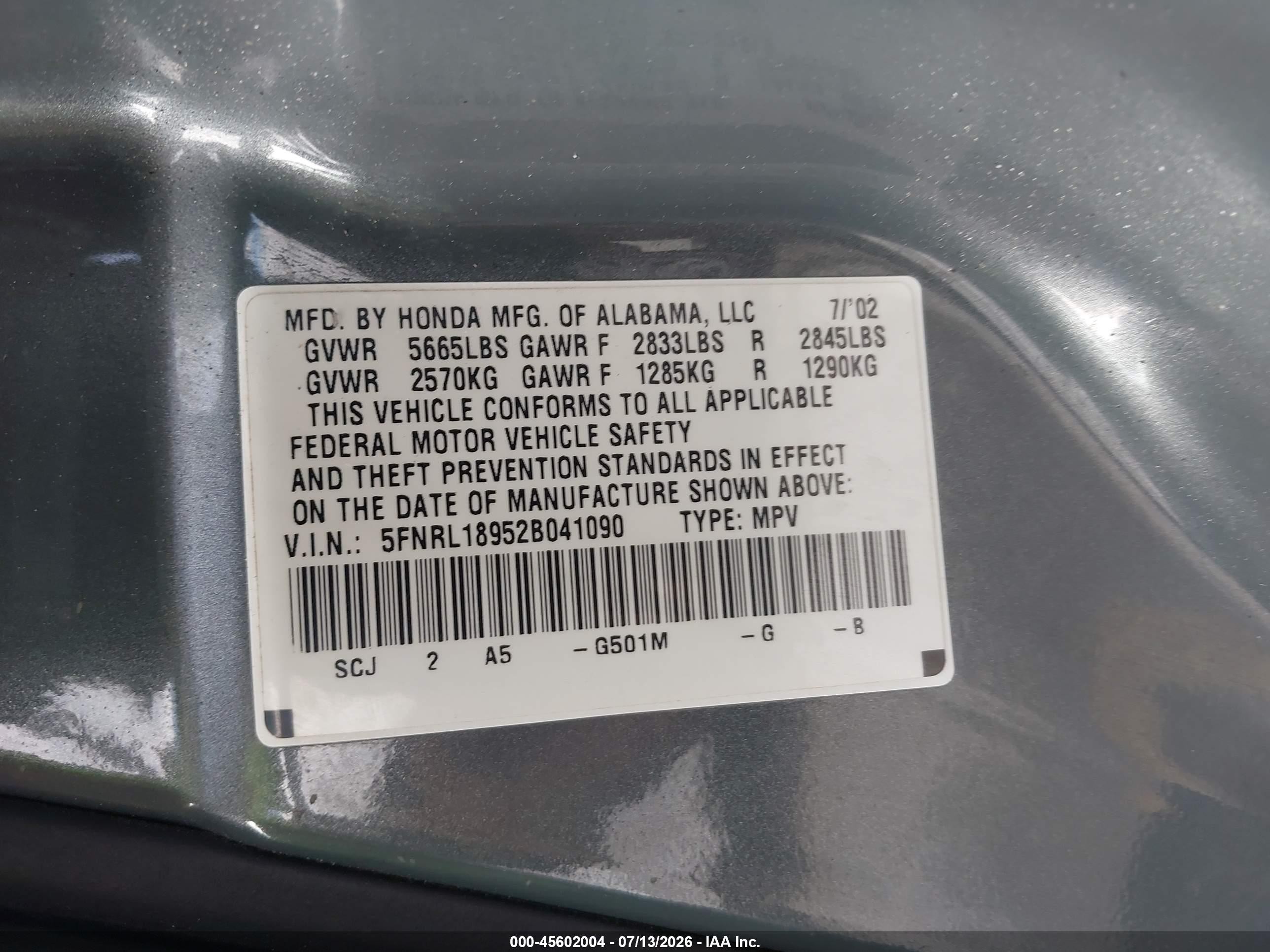 2002 Honda Odyssey Ex-l Gray vin: 5FNRL18952B041090