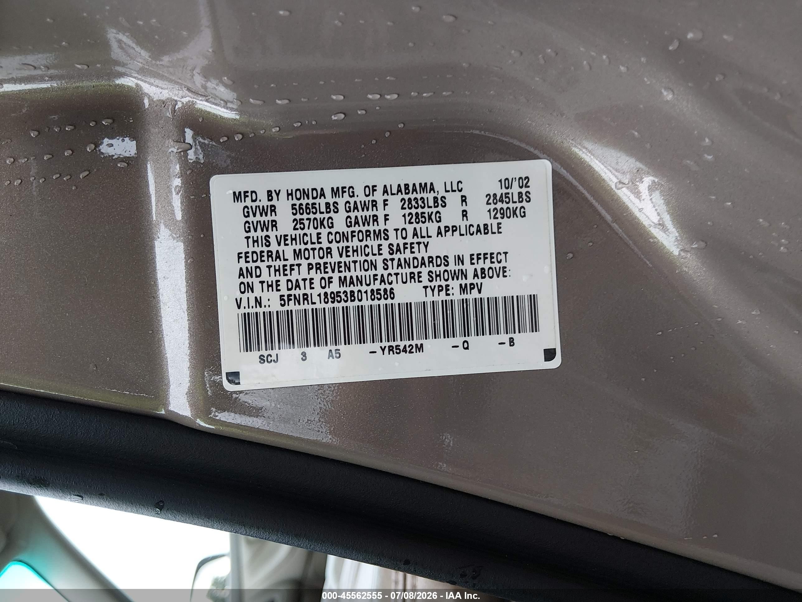 2003 Honda Odyssey Ex-l Gold vin: 5FNRL18953B018586
