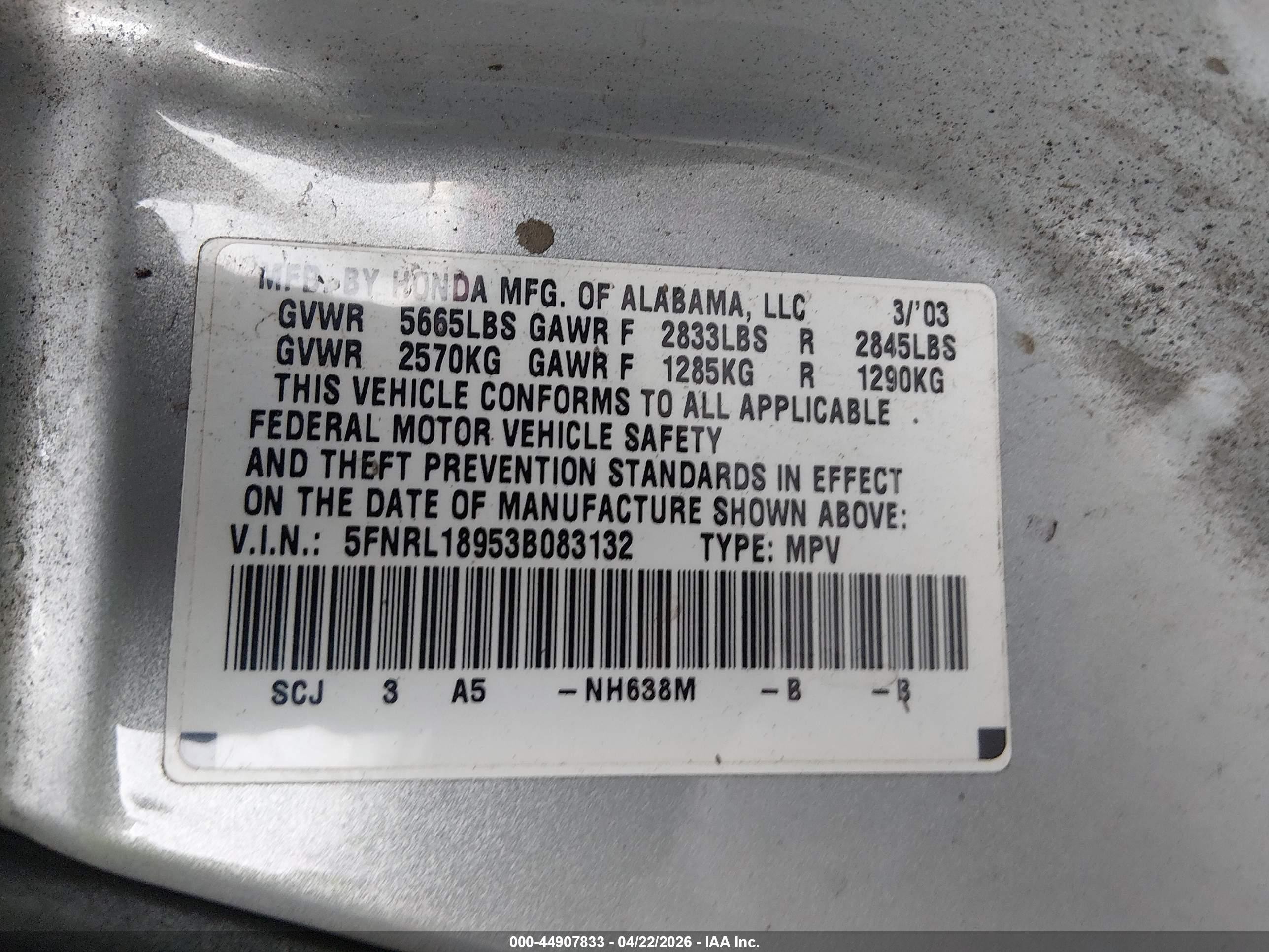 2003 Honda Odyssey Ex-l Silver vin: 5FNRL18953B083132