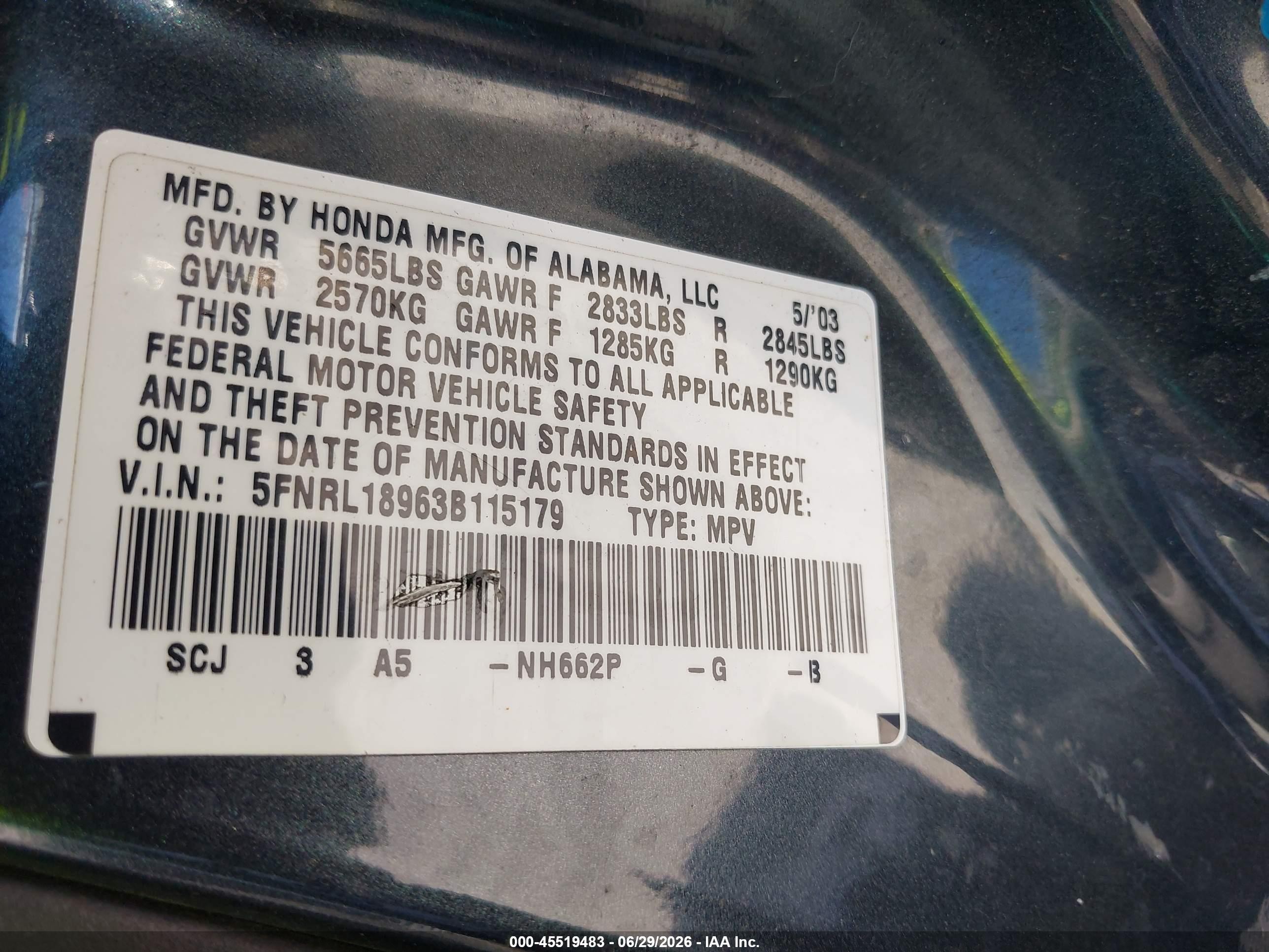 2003 Honda Odyssey Ex-l Gray vin: 5FNRL18963B115179