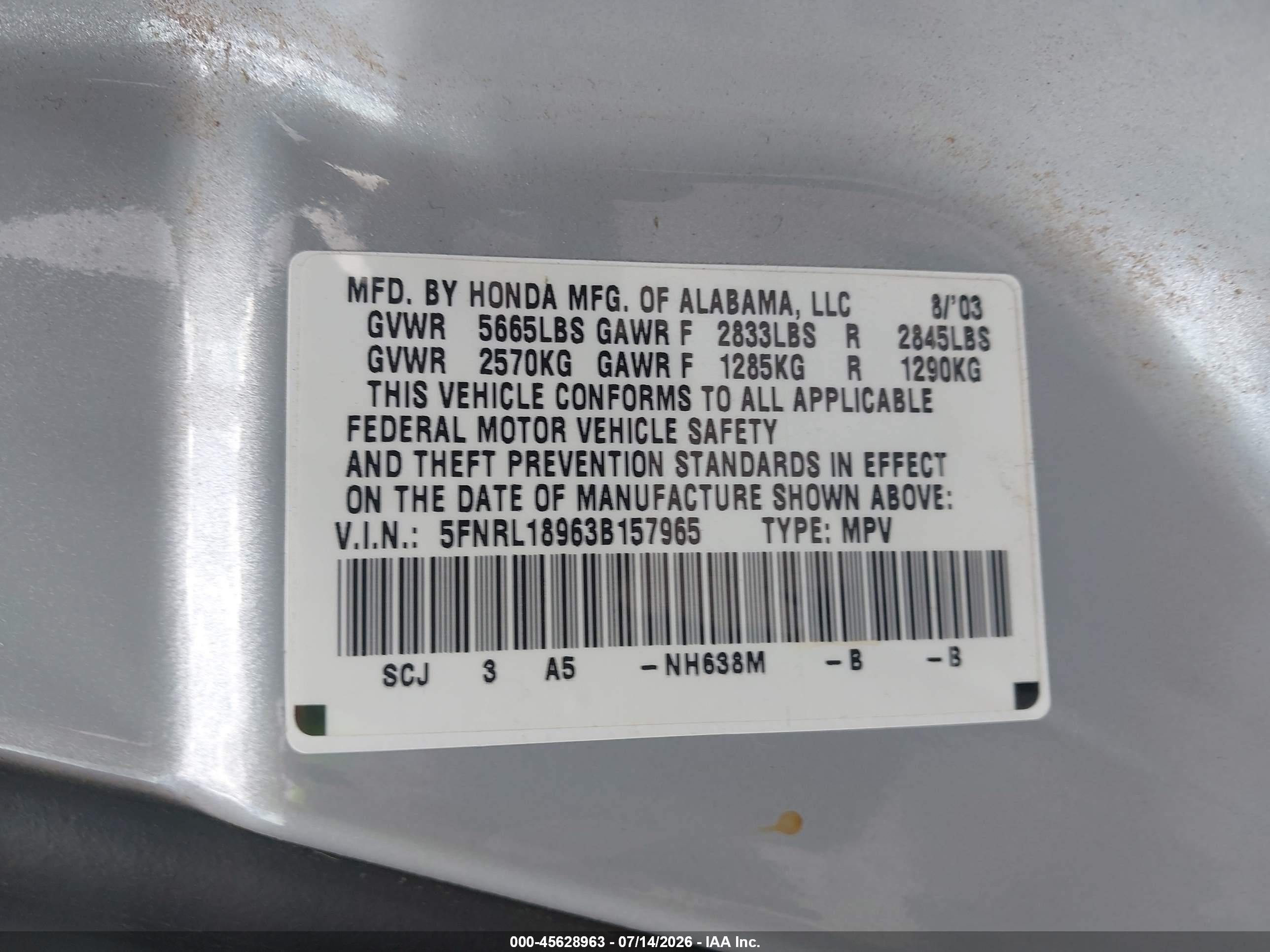 2003 Honda Odyssey Ex-l Silver vin: 5FNRL18963B157965