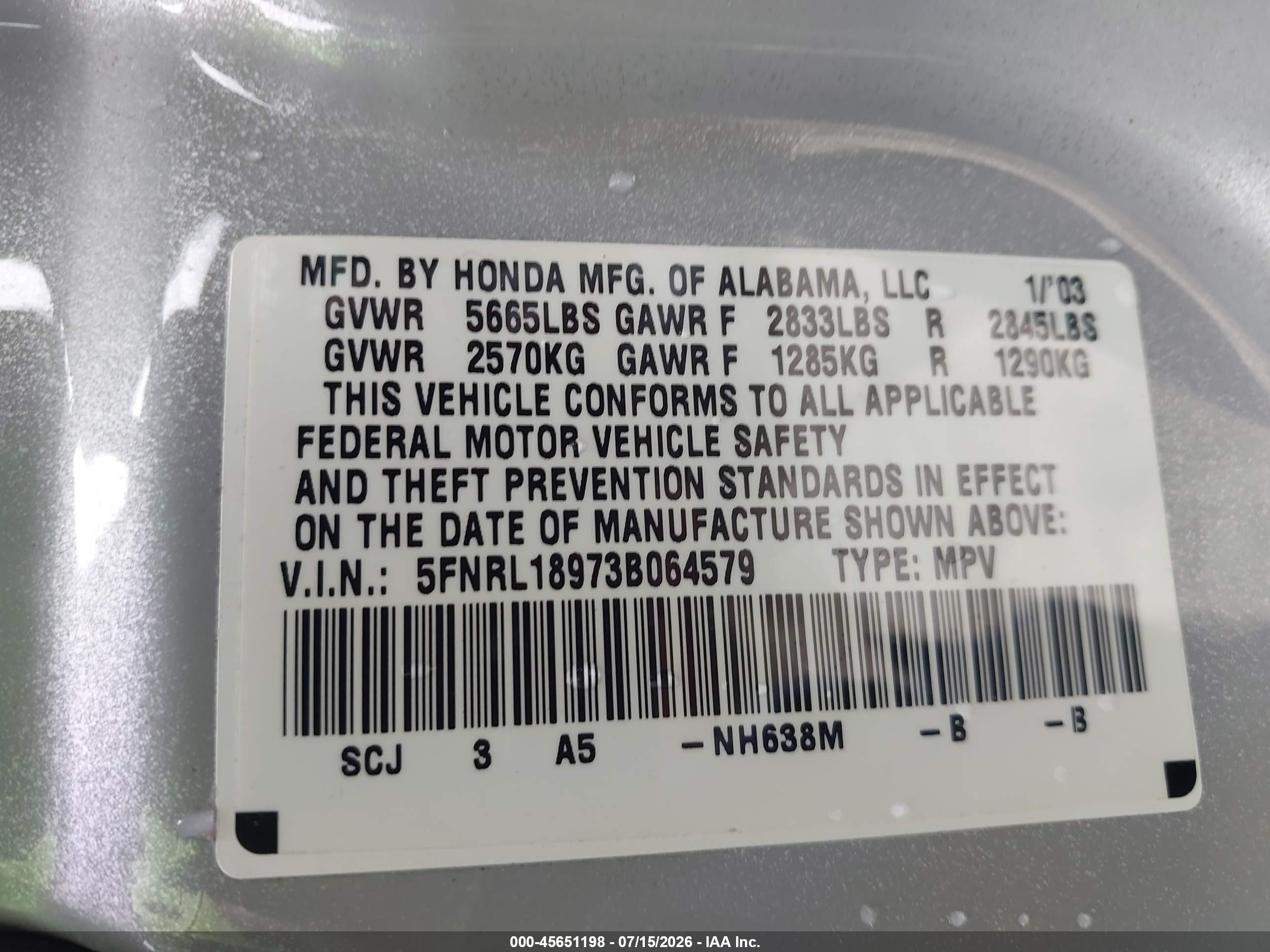2003 Honda Odyssey Ex-l Silver vin: 5FNRL18973B064579