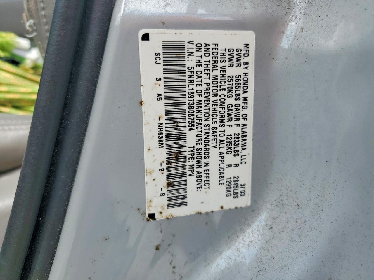 2003 Honda Odyssey Exl Silver vin: 5FNRL18973B087554