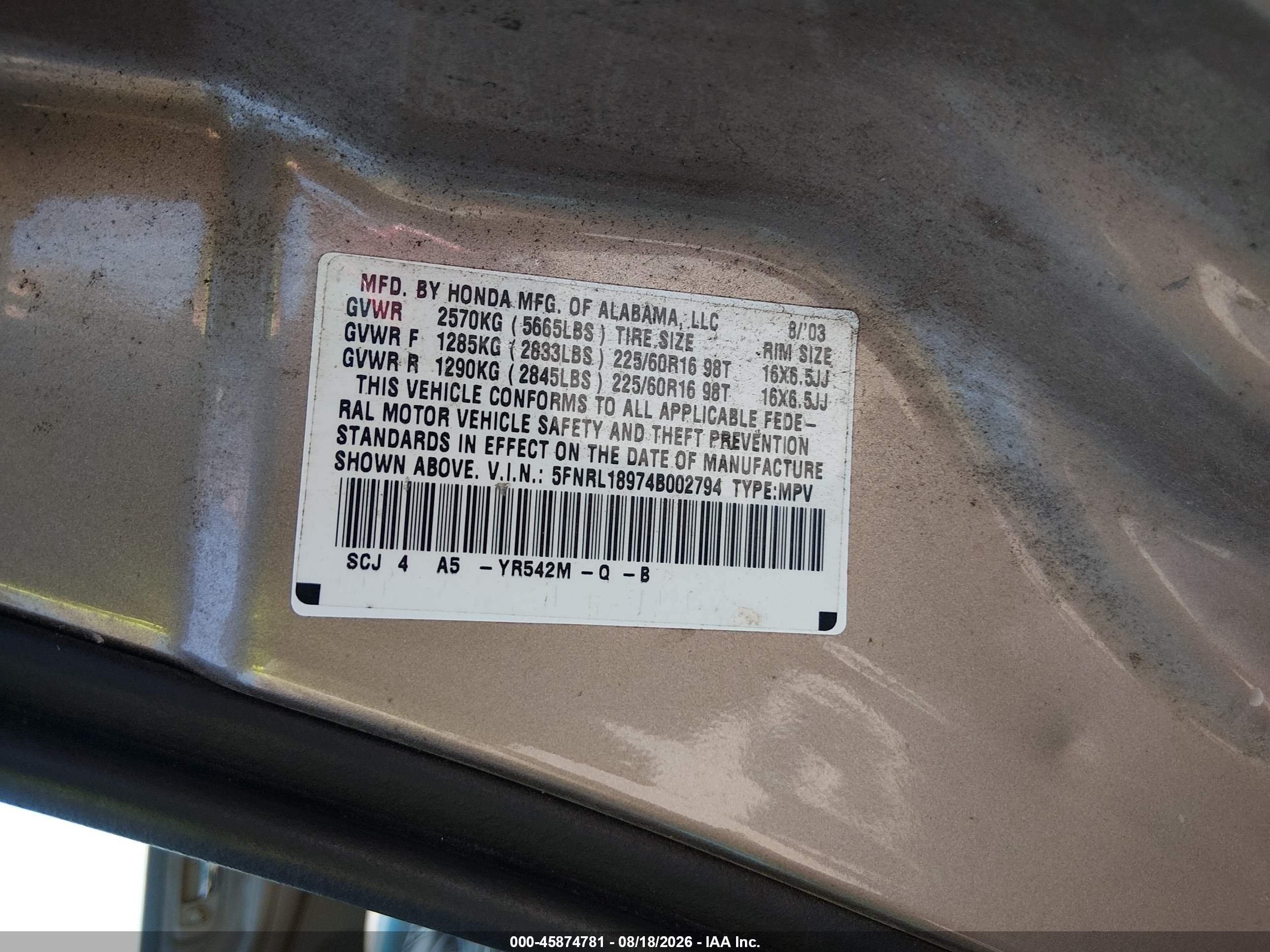 2004 Honda Odyssey Ex-l Gold vin: 5FNRL18974B002794
