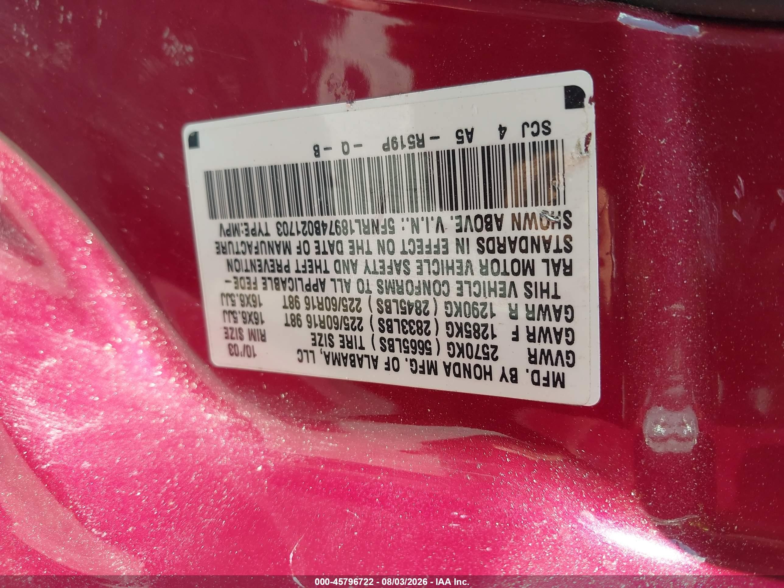 2004 Honda Odyssey Ex-l Red vin: 5FNRL18974B021703