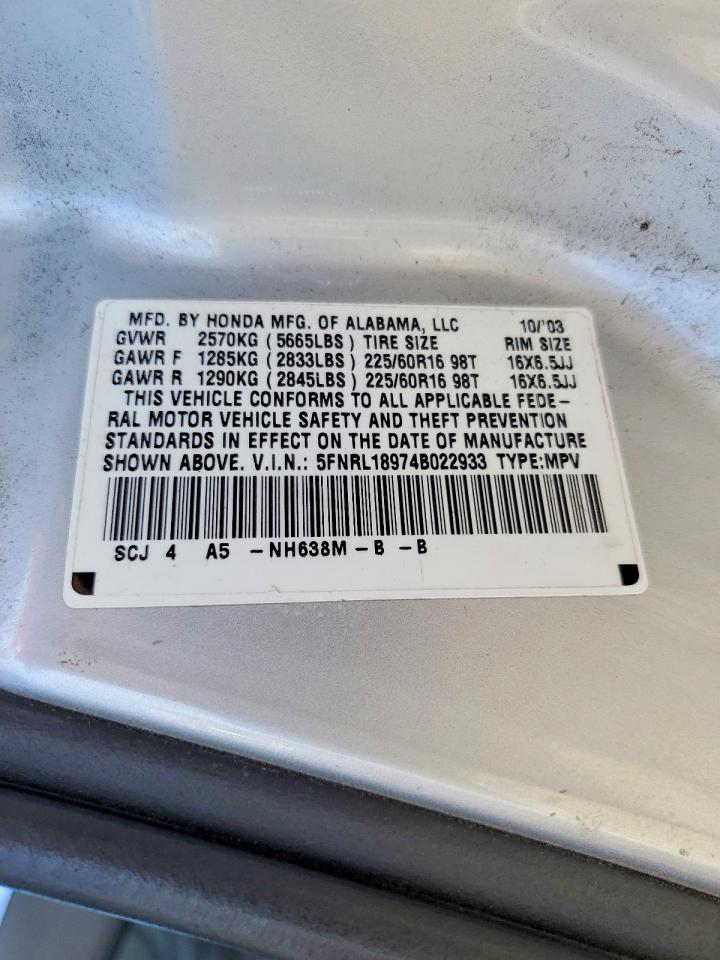 2004 Honda Odyssey Exl Silver vin: 5FNRL18974B022933