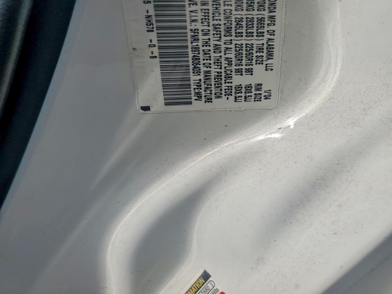 2004 Honda Odyssey Exl White vin: 5FNRL18974B064051